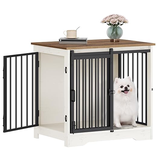 Hzuaneri 27.2" Dog Crate Furniture with Barn Door, Heavy Duty Dog Kennel Indoor with 2 Doors, Wooden Pet Cage End Table for Small Medium Dogs up to 22 lb, Anti-Chew Anti-Escape, White Brown DFC84314B