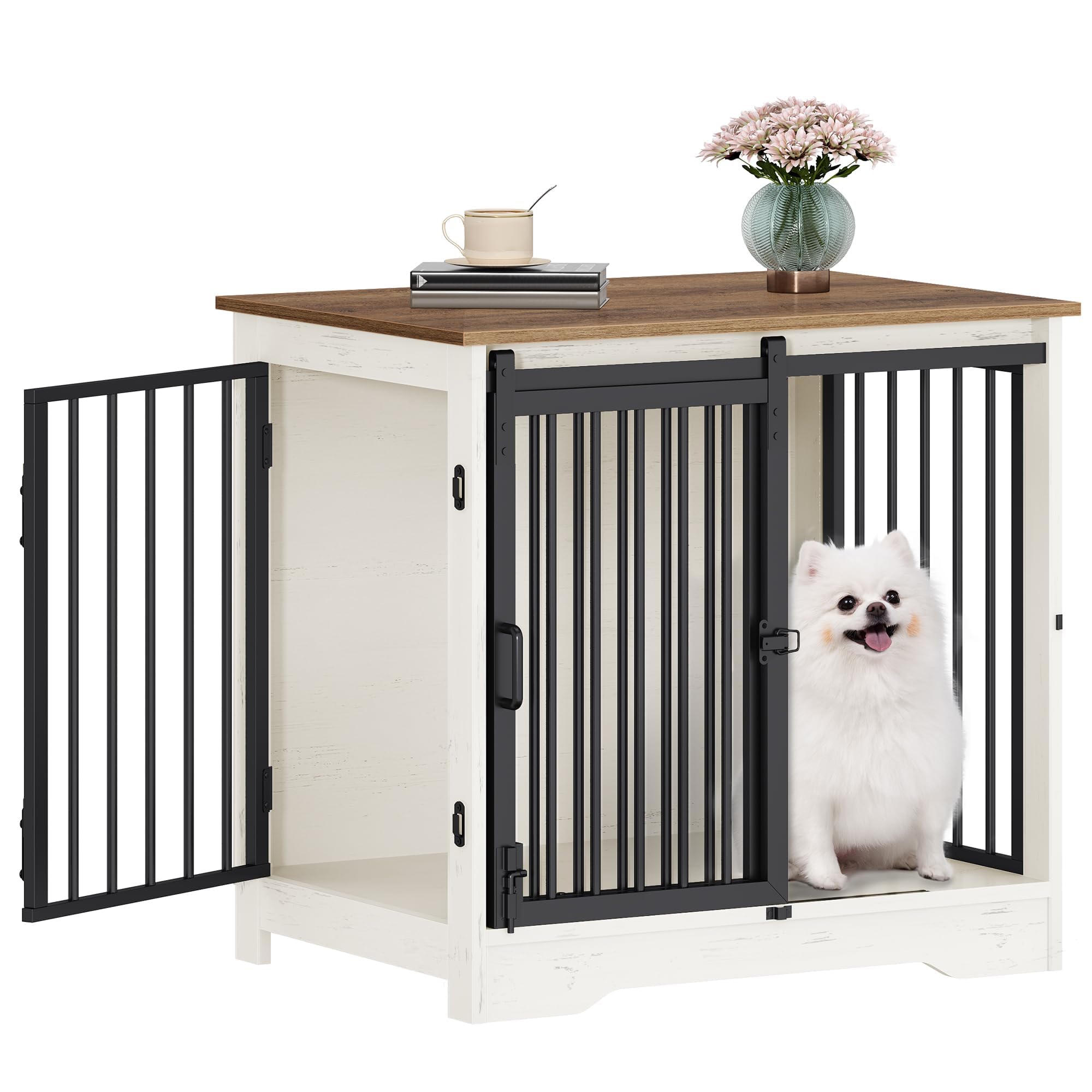 Hzuaneri 27.2" Dog Crate Furniture with Barn Door, Heavy Duty Dog Kennel Indoor with 2 Doors, Wooden Pet Cage End Table for Small Medium Dogs up to 22 lb, Anti-Chew Anti-Escape, White Brown DFC84314B