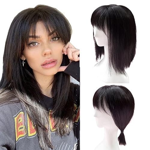 Extensiones de cabello de 14 pulgadas con flequillo, extensiones de cabello con clip en la parte superior para cabello fino (negro, delgado)