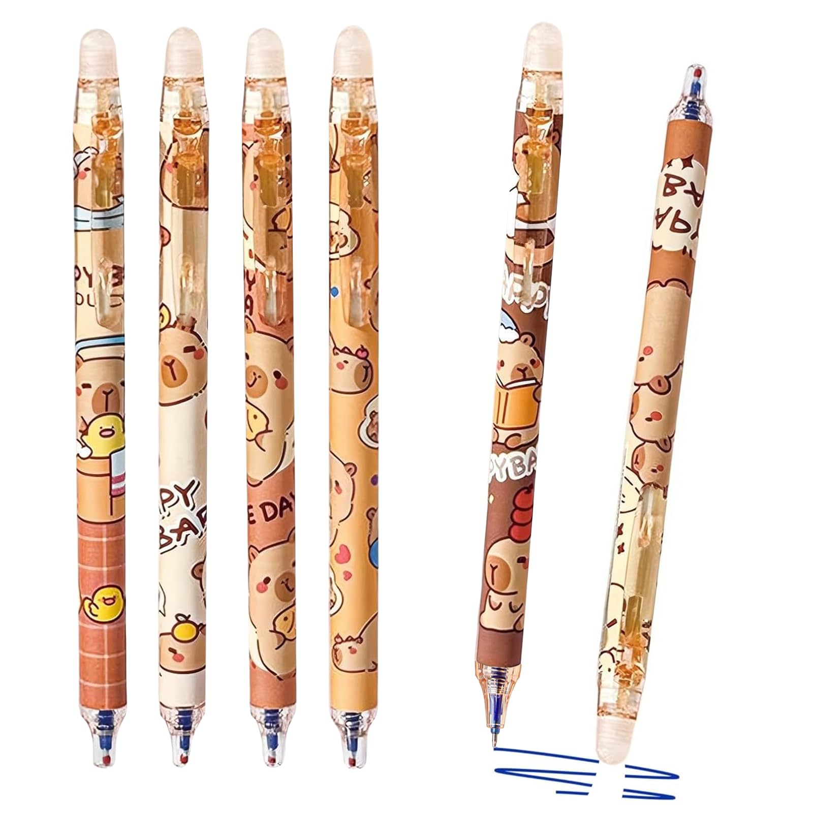 TAKONE Capybara Pennenset, 8 uitwisbare balpennen met gum en 0,5 mm intrekbare vulling, perfect cadeau voor kinderen, school en capibara-fans