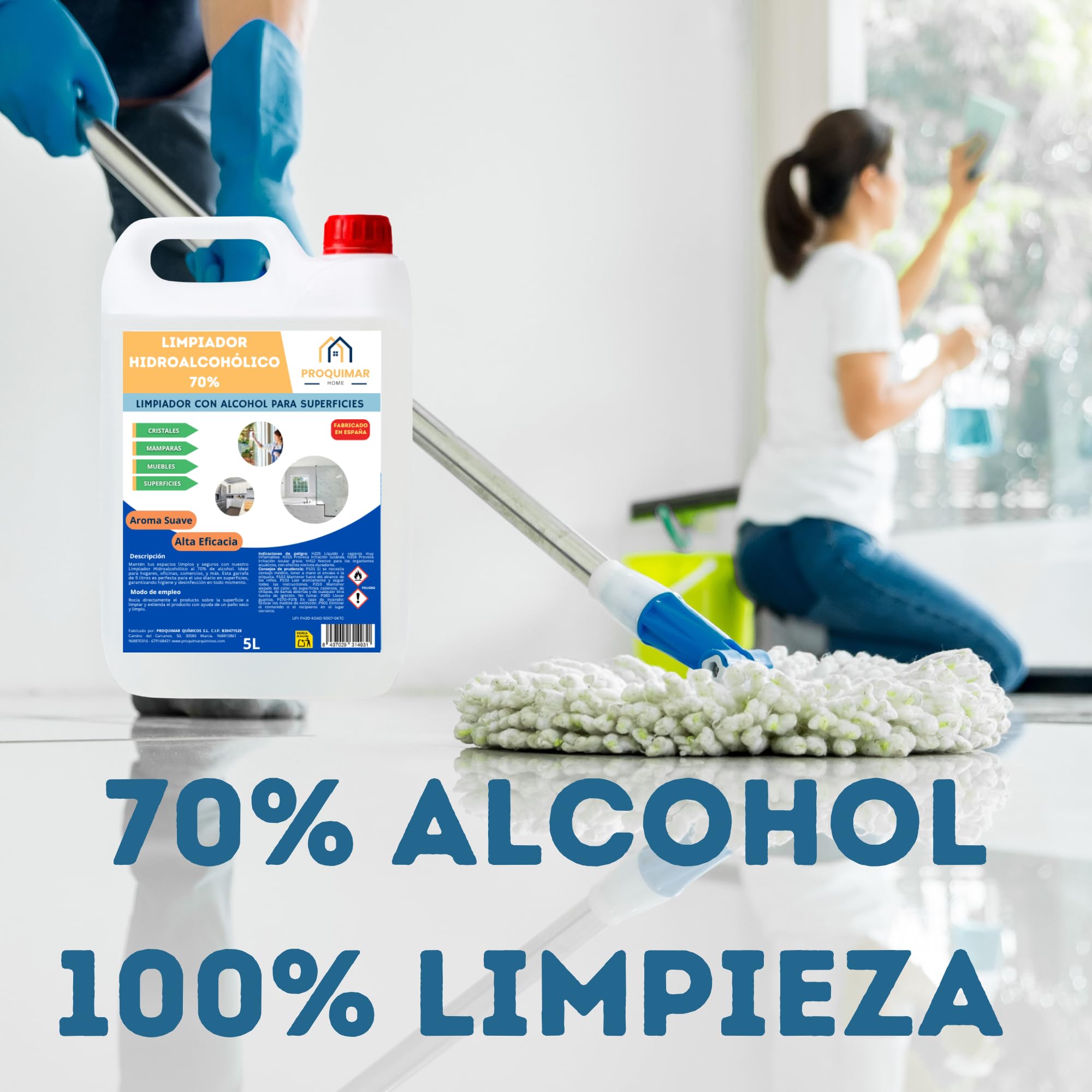 Proquimar | Limpiador Hidroalcohólico 70% Alcohol – Uso profesional y doméstico – Rápida evaporación sin enjuague (5 Litros)