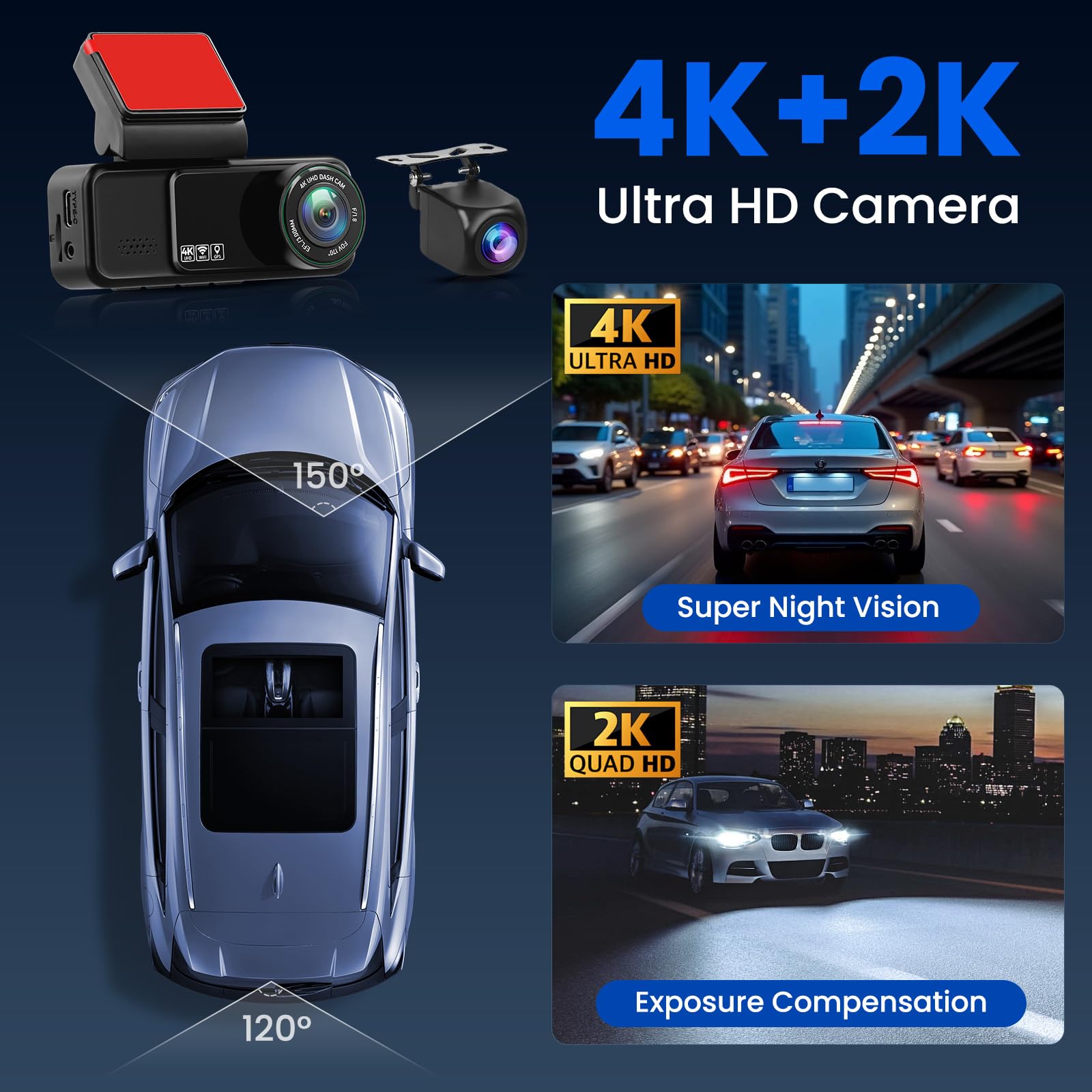 Hikity 2 Canali WIFI Dashcam Auto 360,Anteriore 4K + Posteriore 2K,con ADAS/GPS/G-Sensore/rEgistrazione in loop/Visione Notturna/24H Parcheggio Monitor/Scheda da 64 GB