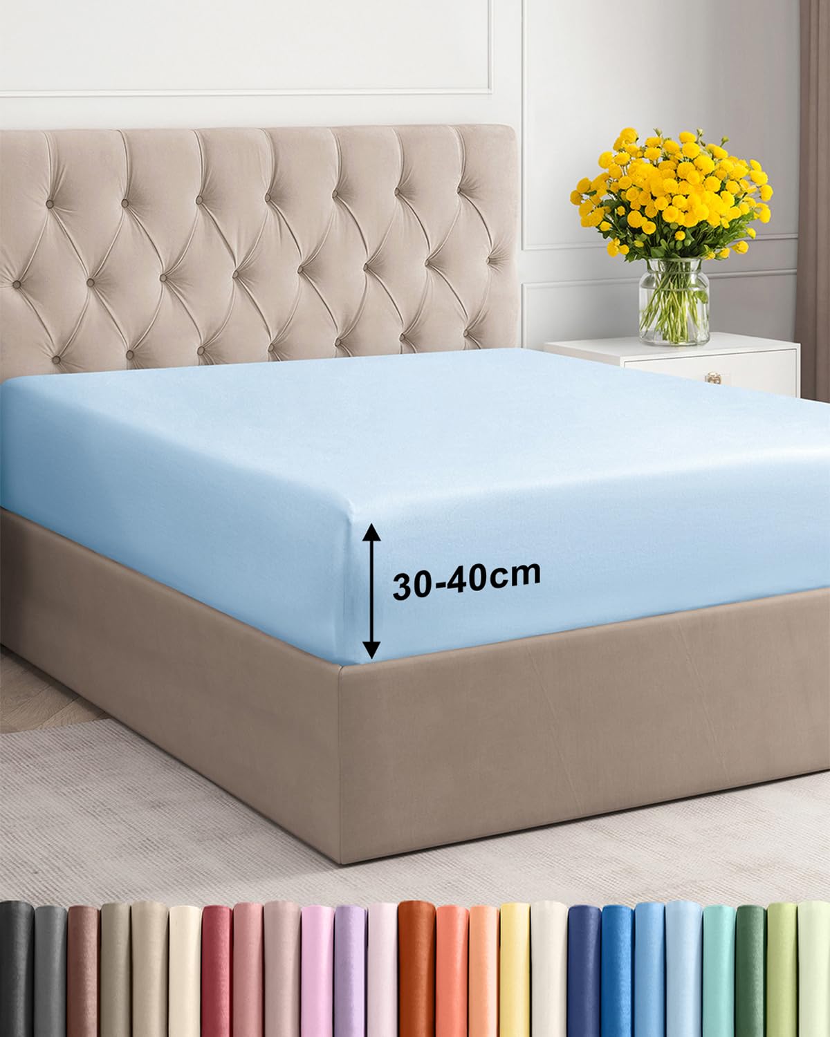 Spannbettlaken 200x200cm Himmelblau - Extra Tiefes Spannbetttuch für Matratzen & Boxspringbett bis 40cm (16") Höhe - Mikrofaser - Weiche Gebürstete - Knitterfrei, Schrumpf- & Farbbeständig - Oeko-TEX