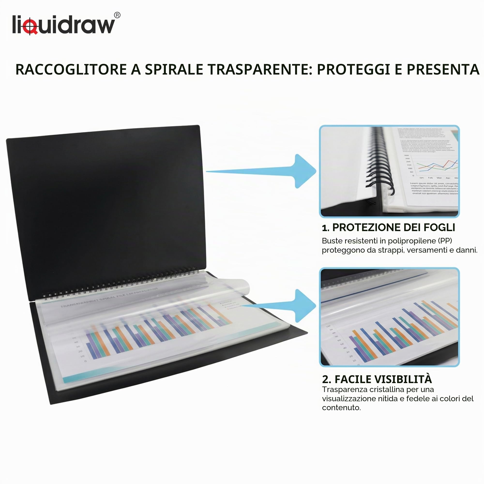Liquidraw A2 - Custodia a portafoglio per artisti, con 20 inserti, raccoglitore a spirale