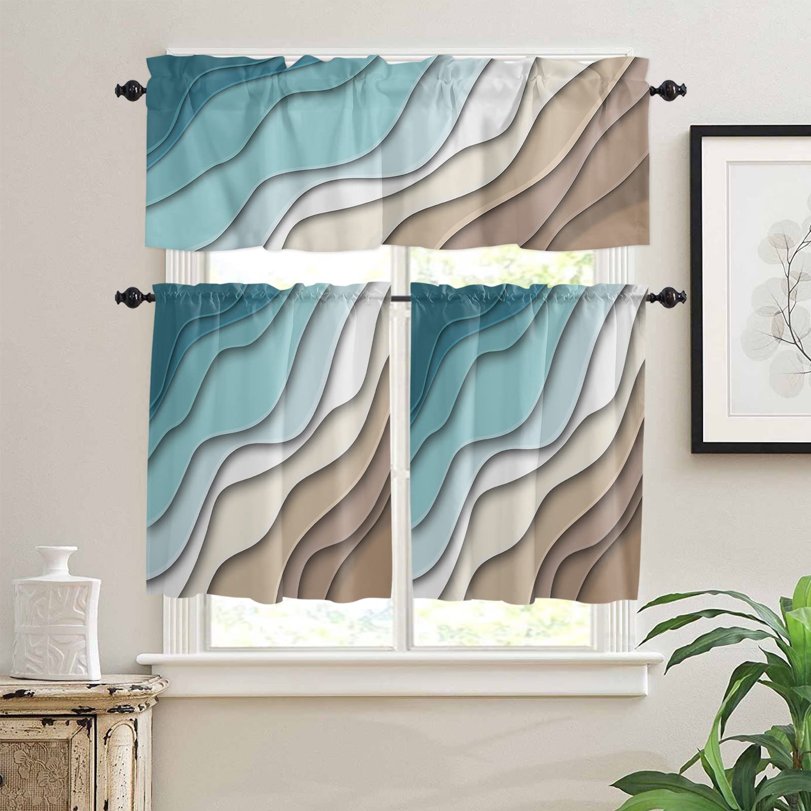 BestLives 3 Piece Kitchen Curtains Set Teal Blue Modern Geometric Window Treatment Tiers Brown Abstract Ocean Wave Rod Pocket Valance Sets for Kitchen Small Windows Bedroom 54 in x 24 in