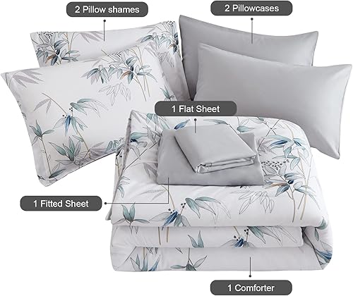 Miniatura 6 de LXWORX Bed in a Bag - Juego de edredón de 7 piezas de hojas de bambú sobre blanco con sábanas para todas las estaciones, juego de cama de microfibra