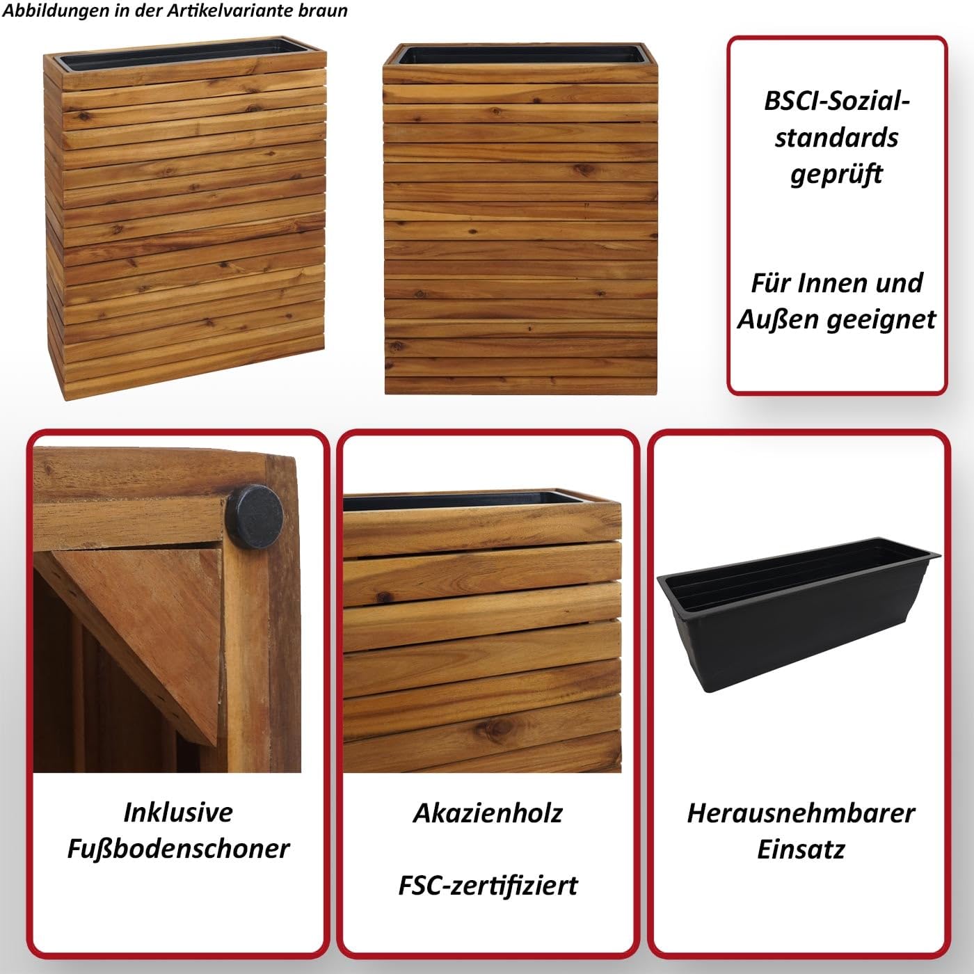 Mendler Pflanzkasten HWC-L21AM 77x63x23cm Akazie - braun | Hochbeet, Pflanzkübel, Blumentopf, eckig Outdoor, Holz, FSC®-Zertifiziert