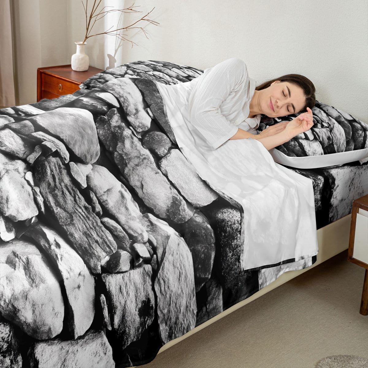Homewish Set di biancheria da letto per letto matrimoniale, decorazioni medievali per feste, per adolescenti, motivo mattoni, tema rock, nero, grigio, con lenzuolo superiore con angoli, 4 pezzi