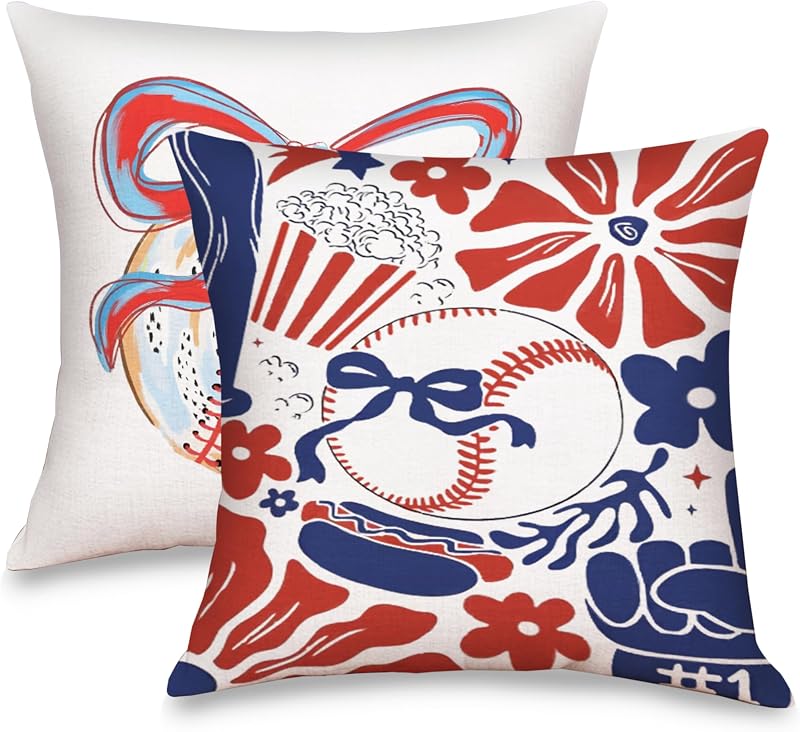 Baseball Coquette Pillow Covers Set of 2, 18x18 inches Double-Sided Aesthetic Bow Throw Pillows, Soft Flannel Decorative Cushion Case for Softball Mom Girls Bedroom Couch Decor, Sports Theme Gifts