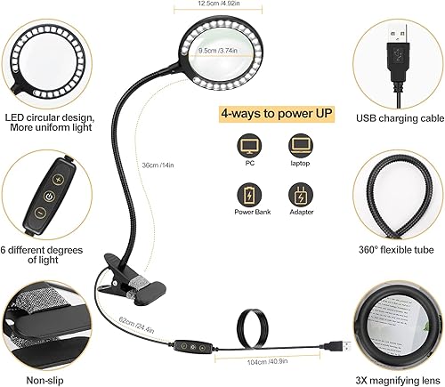 Miniatura 2 de Lámpara de aumento LED con abrazadera, lupa iluminada Raweao 3X con luz para leer, personas mayores, pasatiempos, manualidades