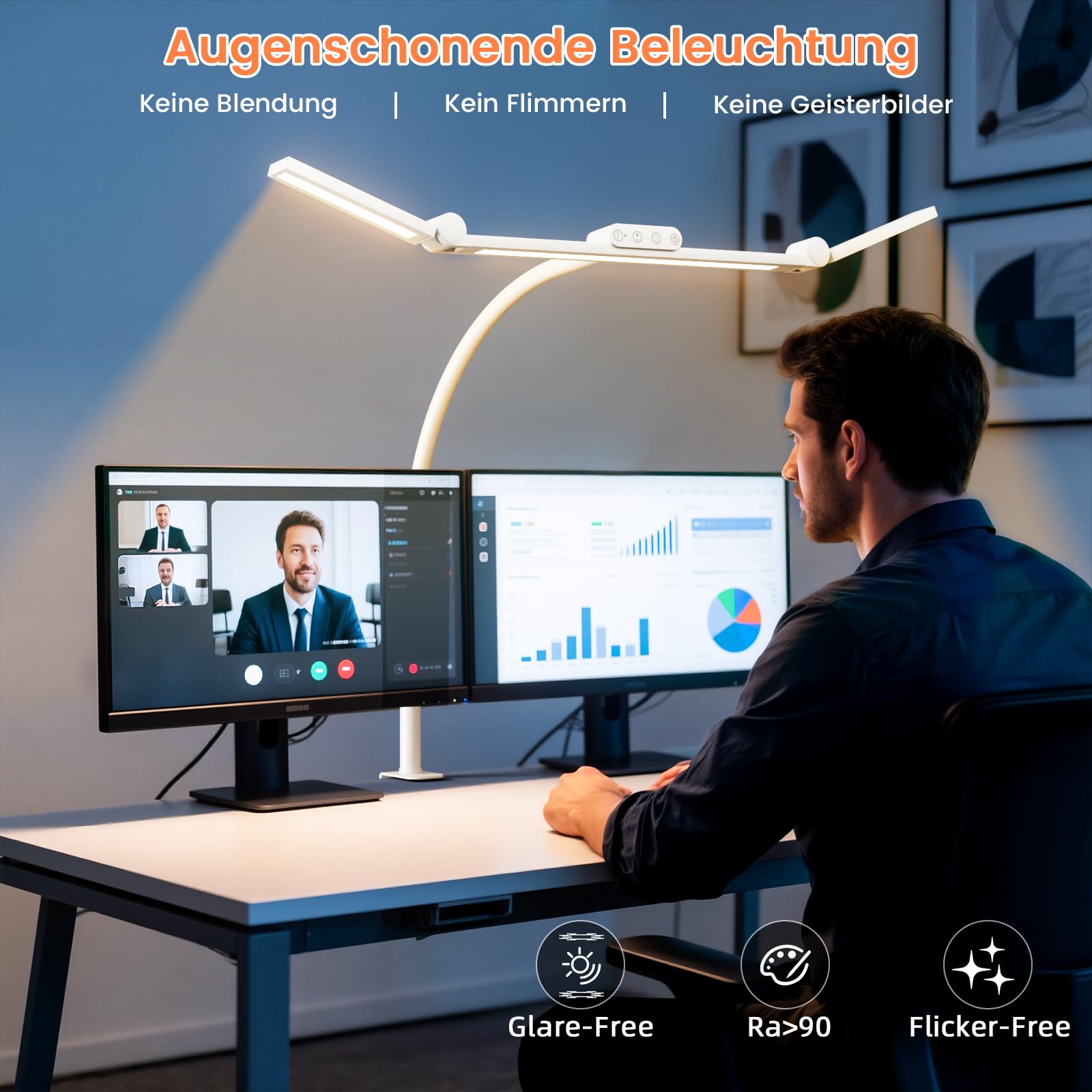 TYEE Schreibtischlampe LED Dimmbar, 24W 3-Lichtbalken LED Schreibtischlampe für Homeoffice, 1500LM Augenschutz Tageslichtlampe mit Fernbedienungen, 5 Farb 5 Helligkeit Büro Tischlampe (Weiß)