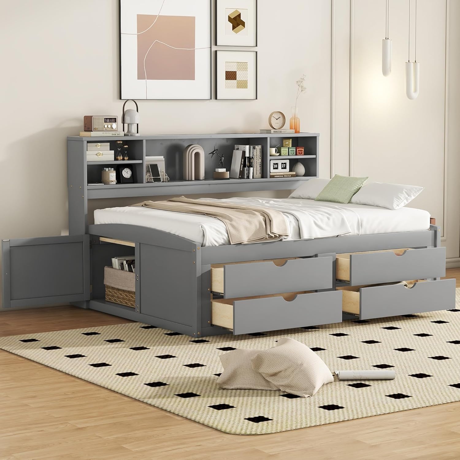Full Daybed with Storage Bookcase,Shelves and Drawers,Solid Wood Full Captain’s Bed Frame with Drawers for Adults,No Box Spring Needed (Grey)
