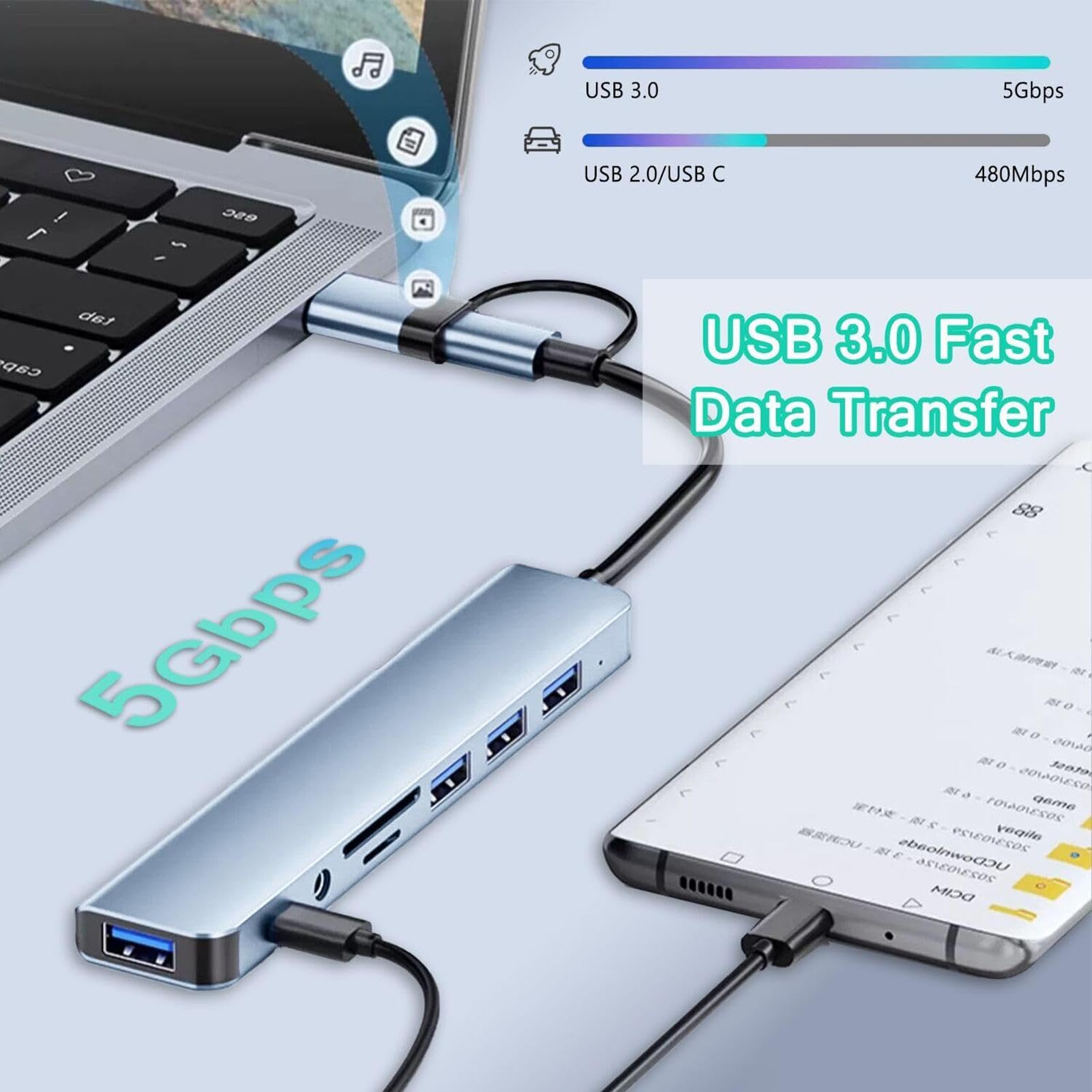Docking Station USB C Hub Para Laptop - 5 Puertos (USB 3.0 Y 2.0), Conector De Audio 3.5 Mm, Diseño Compacto Y Portátil