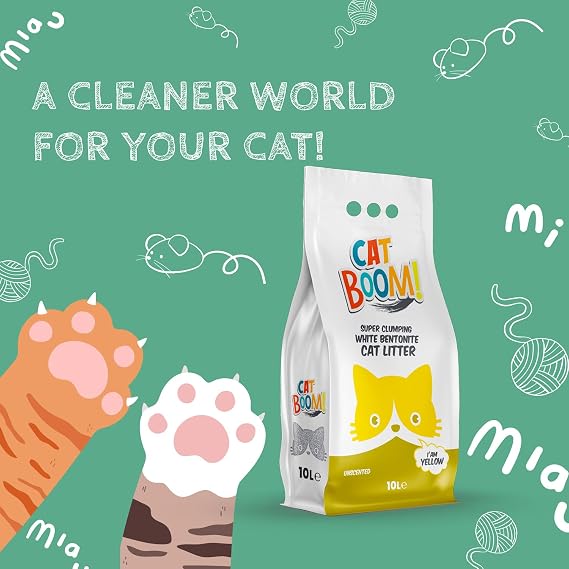 CatBoom Premium White Bentonite Clumping Clay Cat Litter Unscented| Super Absorbent Fine Granule Kitty Supplies | 99.5% Dust Free Multi-Cat Formula | Low Tracking Paw-Friendly 18.5 lb