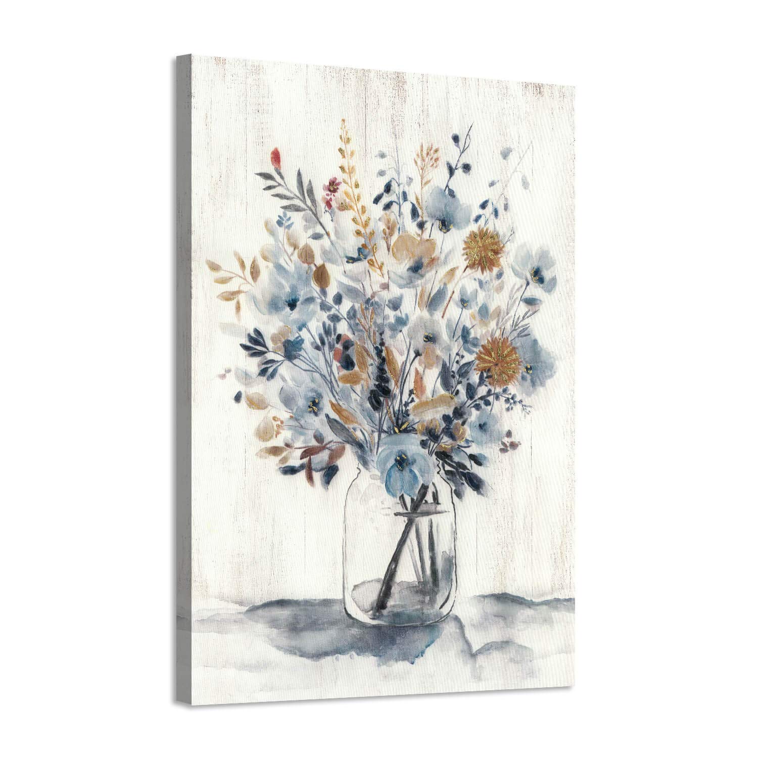 Photo 1 of ARTISTIC PATH Abstract Flower Bouquet Wall Art: Gray Blue Floral in Jar Painting Blossom Picture Prints on Canvas for Bedroom (24''W x 36''H,Multi-Sized) 36"x24" offwhite