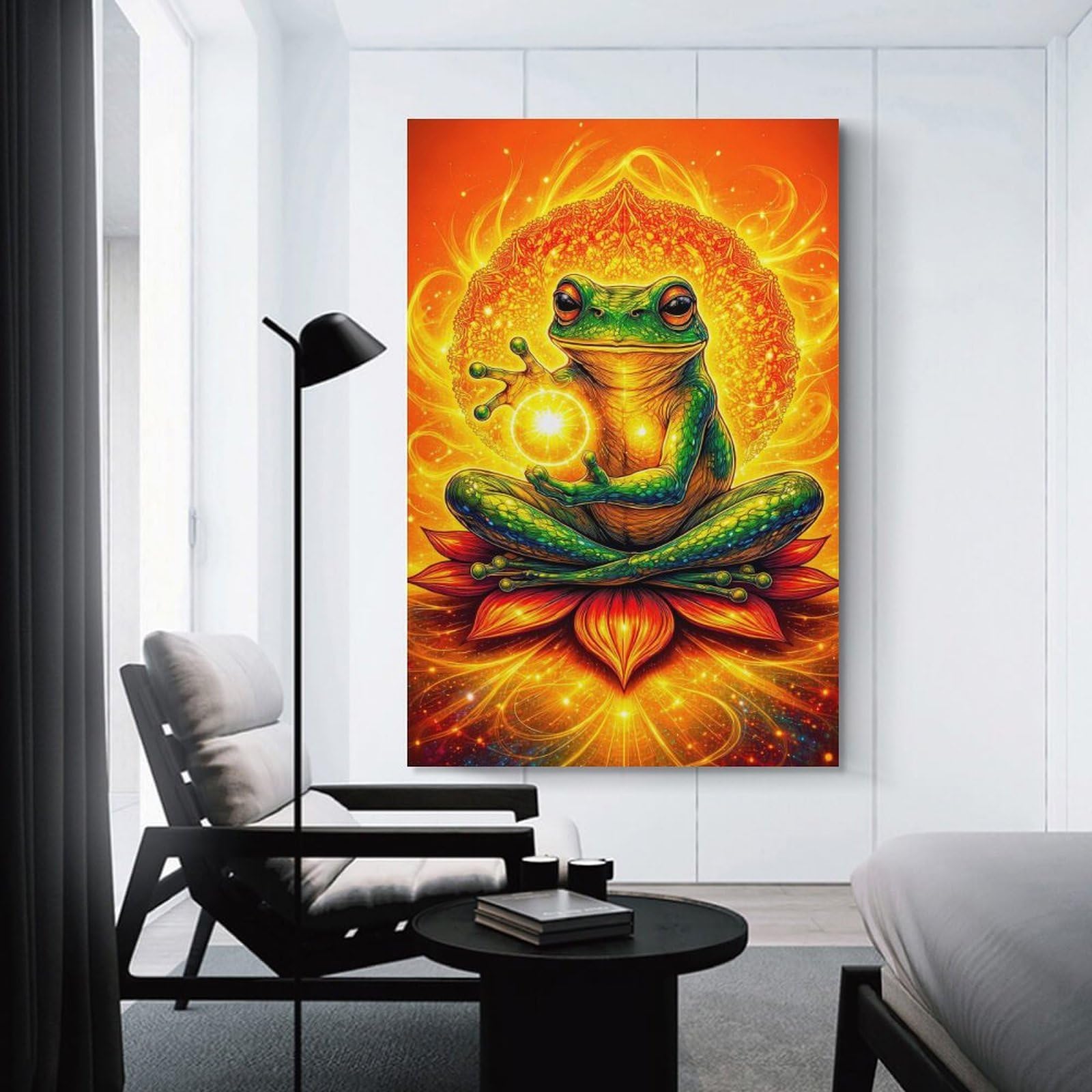 Junmoney Meditating Frog with Cosmic Energy Canvas Wall Decor, 24x36inch(60x90cm), for Lounge Decor, Bedroom Walls Or Flats, Eye Catching Artwork for Blank Walls