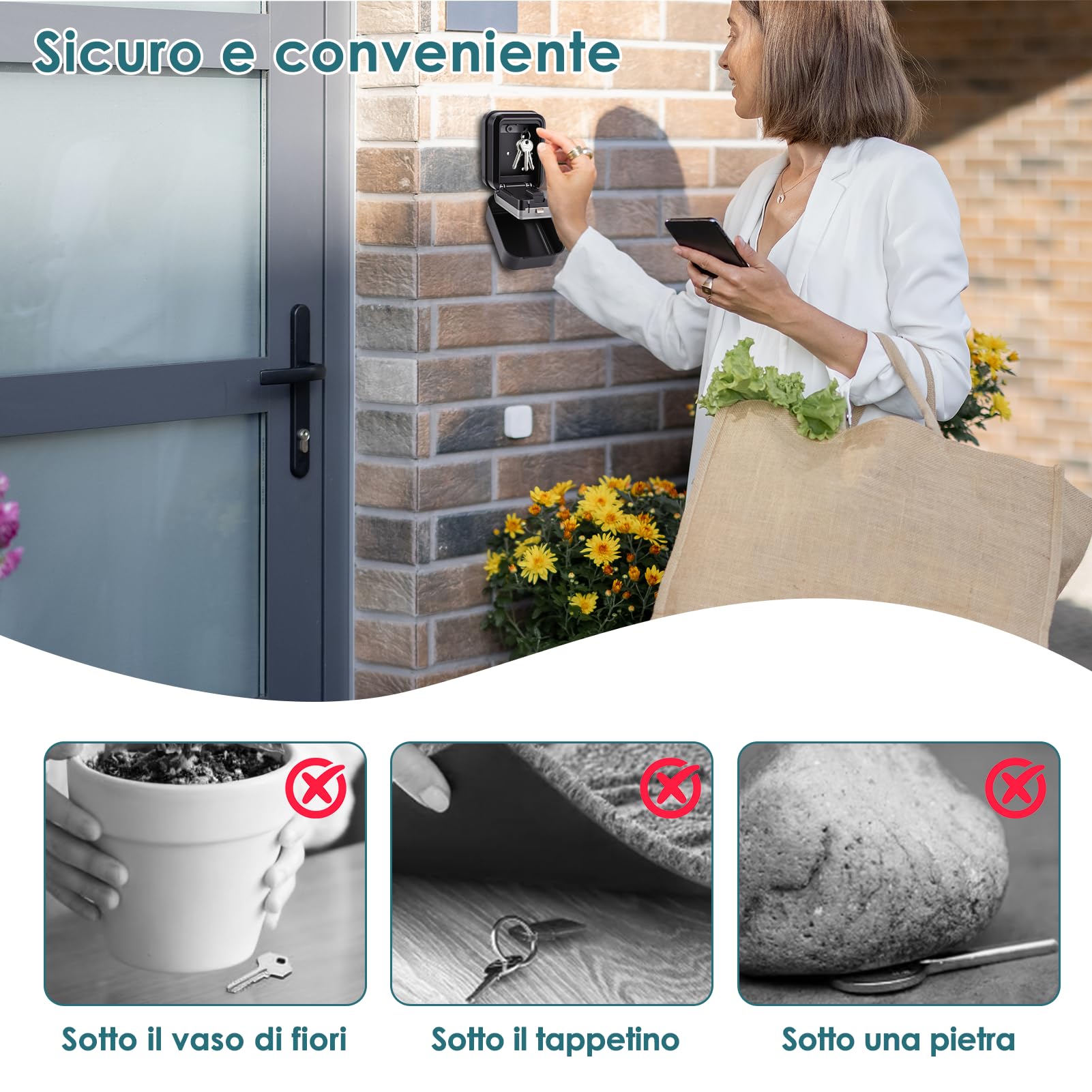 Cassetta Chiavi con Codice, Esterno Impermiabile Cassaforte di Sicurezza per Chiavi con Sblocco Remoto, Combinazione Muro Cassetta per Casa Scuola Ufficio Self Check In