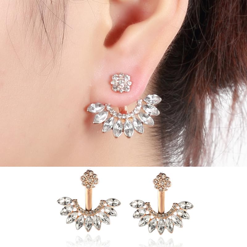 Jumwrit Ear Jacket Stud Earrings Rhinestone Flower Dangle Earrings Front Back Cuff Earrings for Women Simple Chic Earrings Accessories(Gold) - Image 2