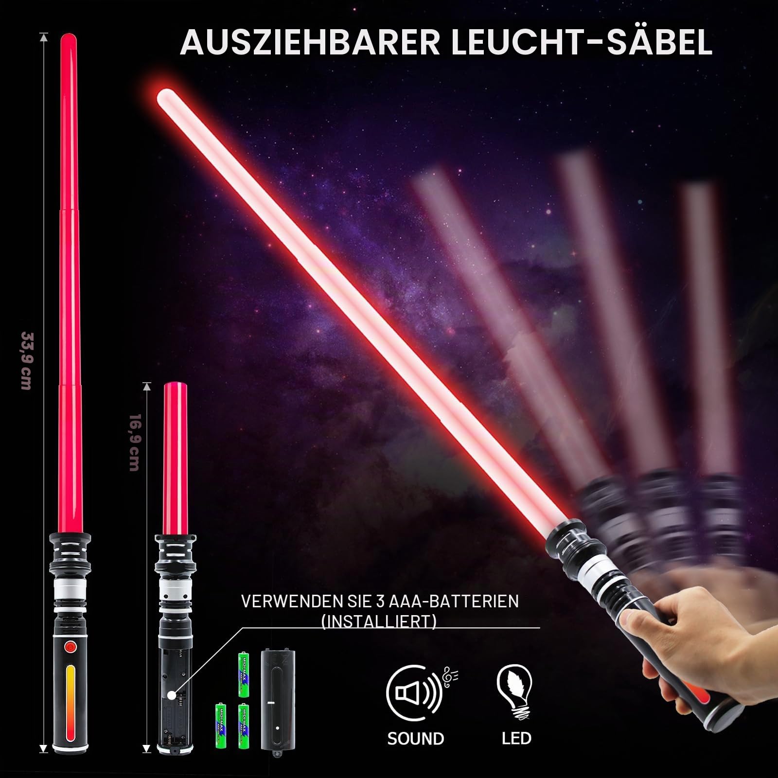 Leuchtschwert, ausziehbares LED-Lichtschwert mit FX-Sound (bewegungsempfindlich), Galaxie-Kriegs-Kämpfer-Schwert-Spielzeug für Halloween, Weihnachten, Geburtstag, Geschenk