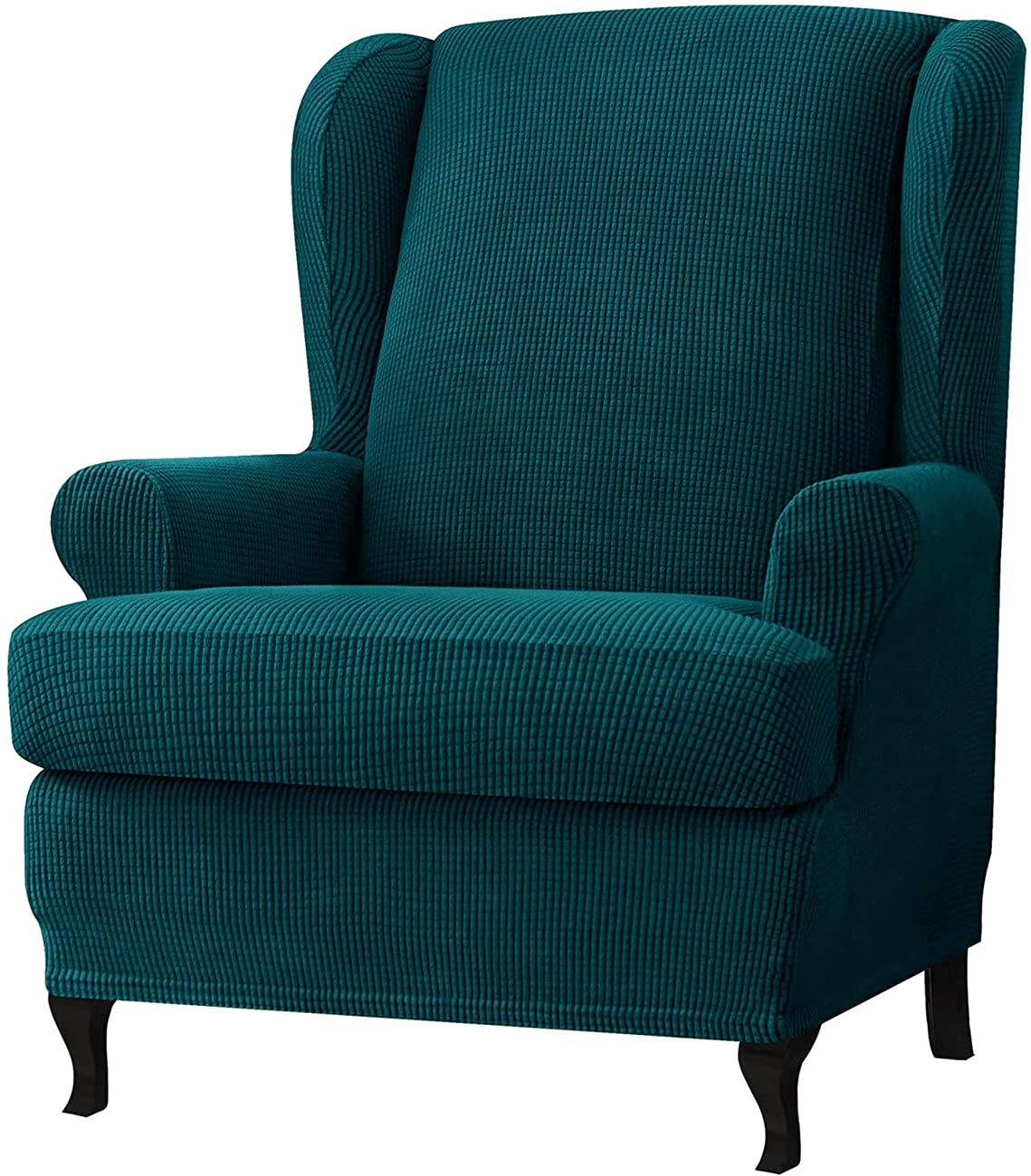 LINFKY 2-Piece Stretch Jacquard Wing Chair Cover, Wingback Armchair Slipcovers Spandex Fabric Wing Chair Removable Furniture Protector for Living Room (Teal)