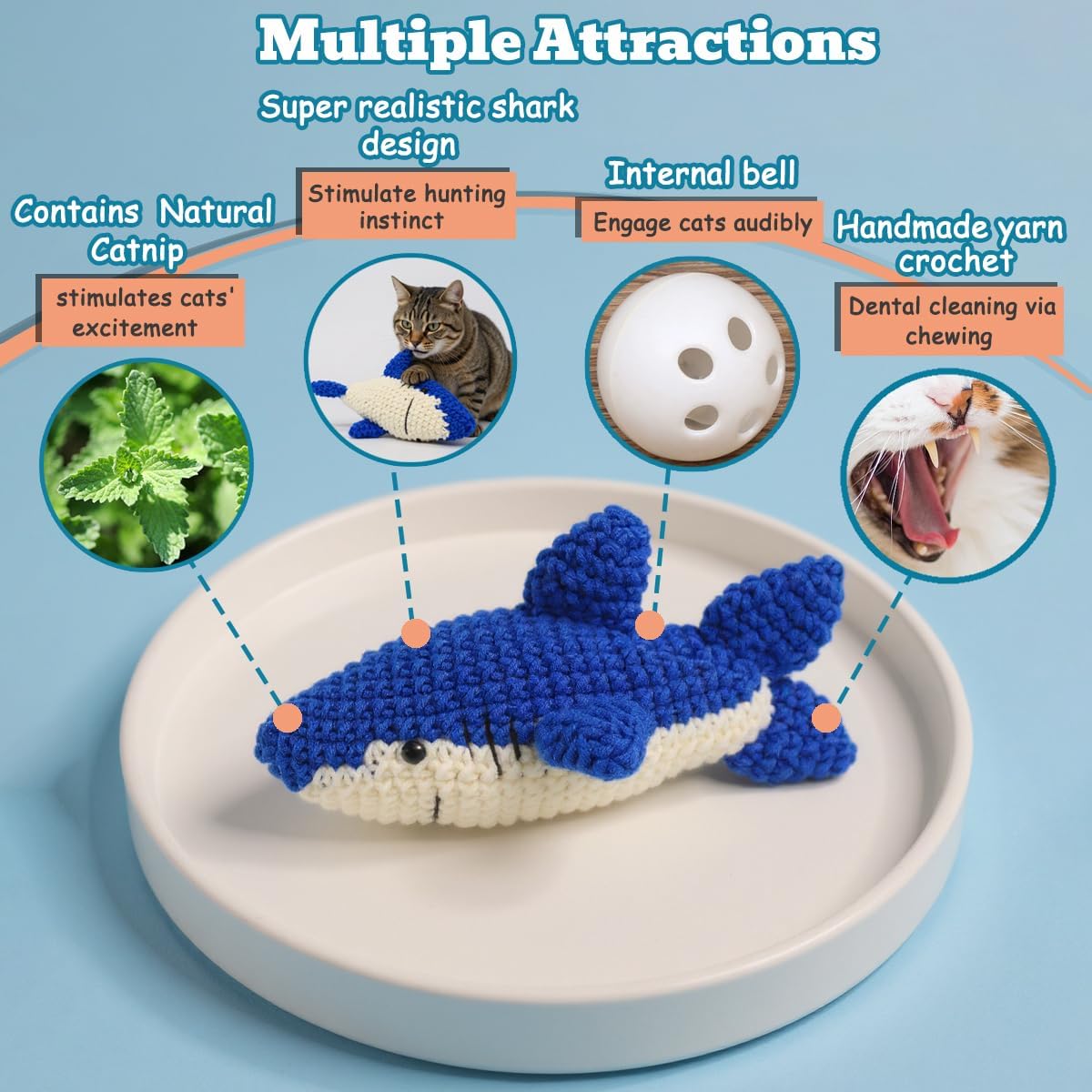 Catnip Fish Toy - Hand-Crocheted with Real Catnip & Bell, Interactive Kicker Toy for Cats Kitten, Soft & Safe for Biting