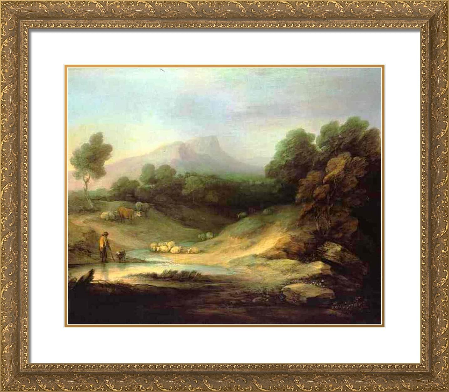 ArtDirect Gainsborough, Thomas 23x20 Gold Ornate Framed Art Print with Double Matting Titled: Mountain Landscape With Shepherd