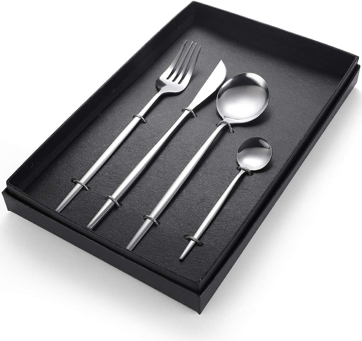 Silverware Flatware Set, 4/16/24/32/40/48 Pieces Stainless Steel Cutlery Set Golden Portuguese Home Creative Steak Knife, Fork And Spoon Gift Box (Color : Silver, Size : 6Set-24Pcs)