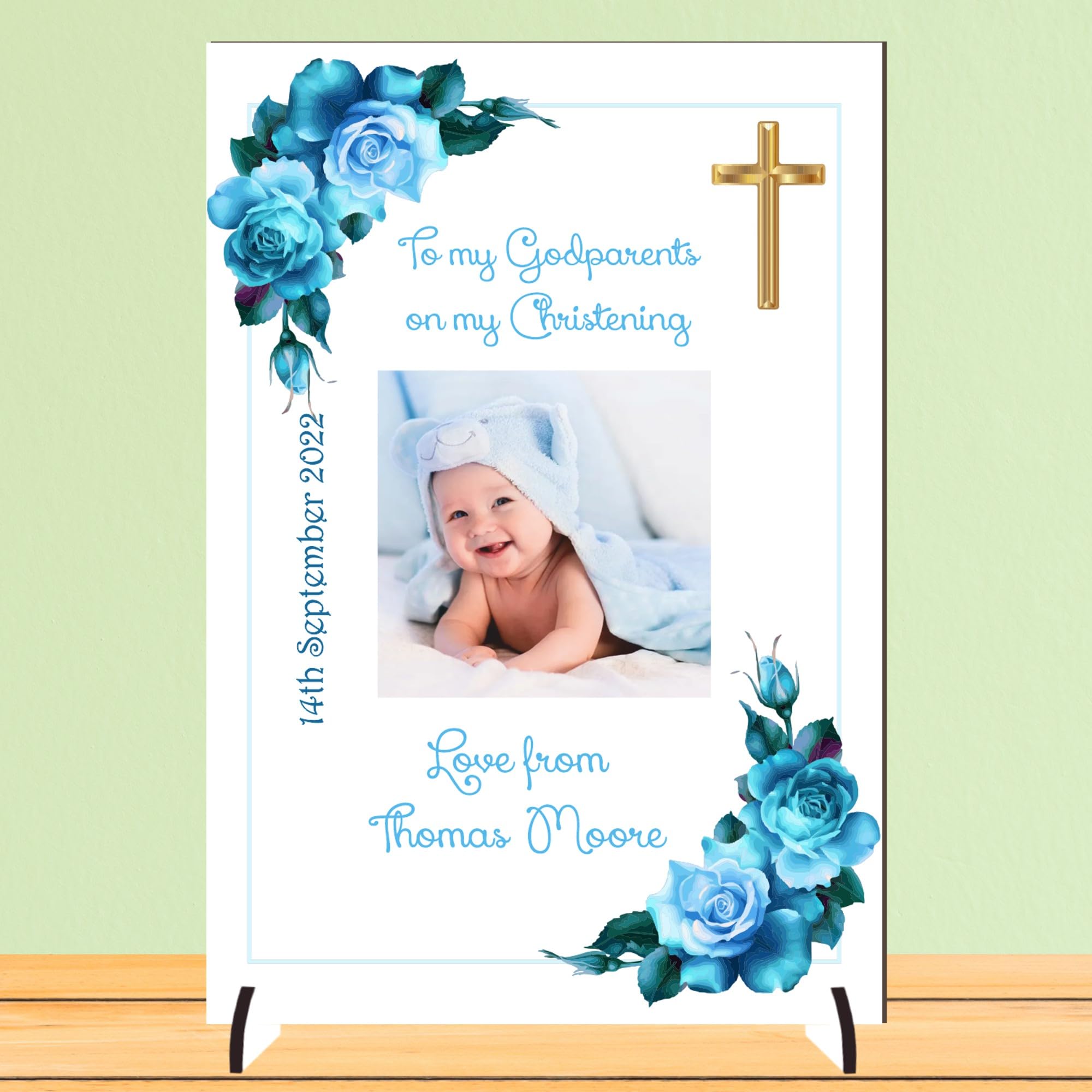 Personalised 'To My Godparents' Christening Photo Plaque | Unique Keepsake Gift | A4 or A5 Size | Customisable with Special Message | (Mdf Wood A4 30cm x 21cm, Blue Floral)