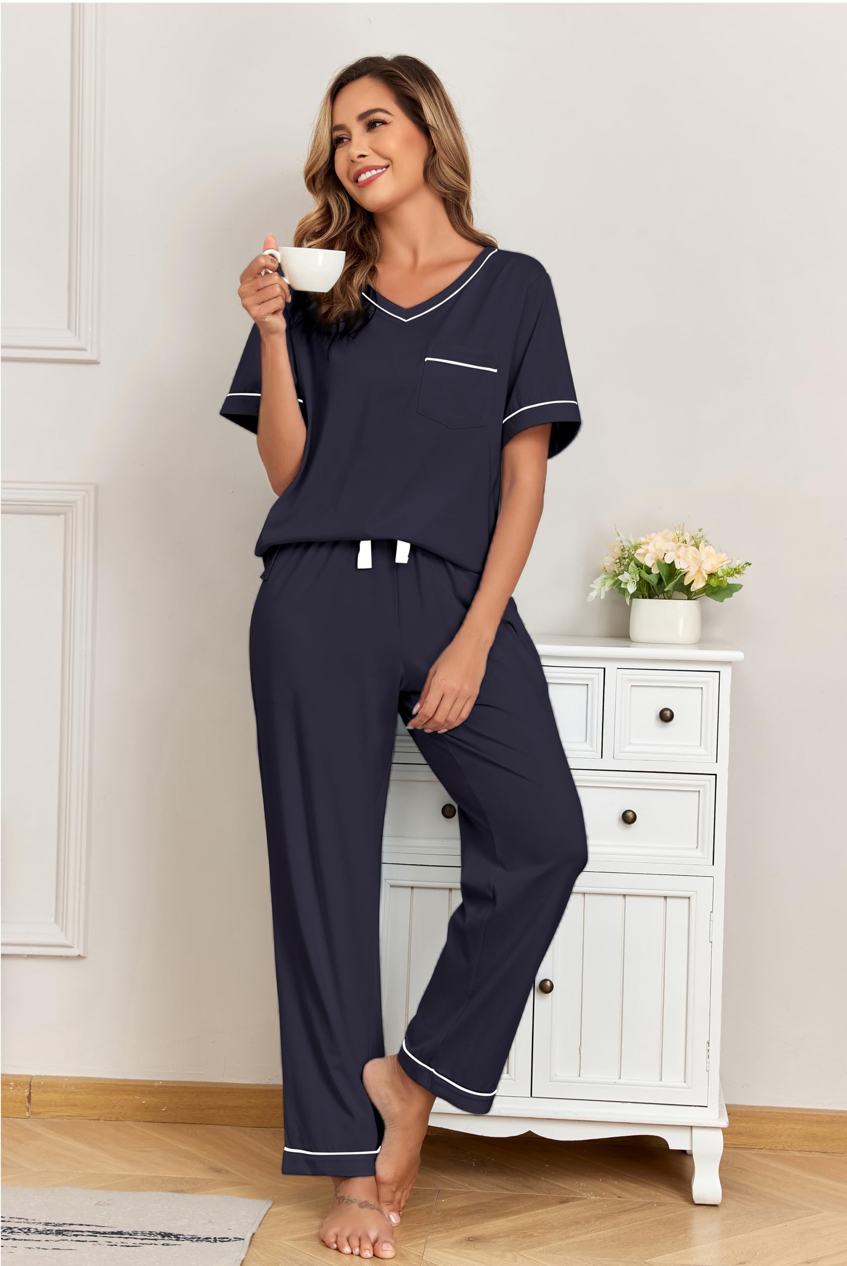 ANLIQI 100% Baumwolle Damen Schlafanzug Set Sommer leicht Kurzarm V-Ausschnitt Freizeit Schlafanzug mit Hose