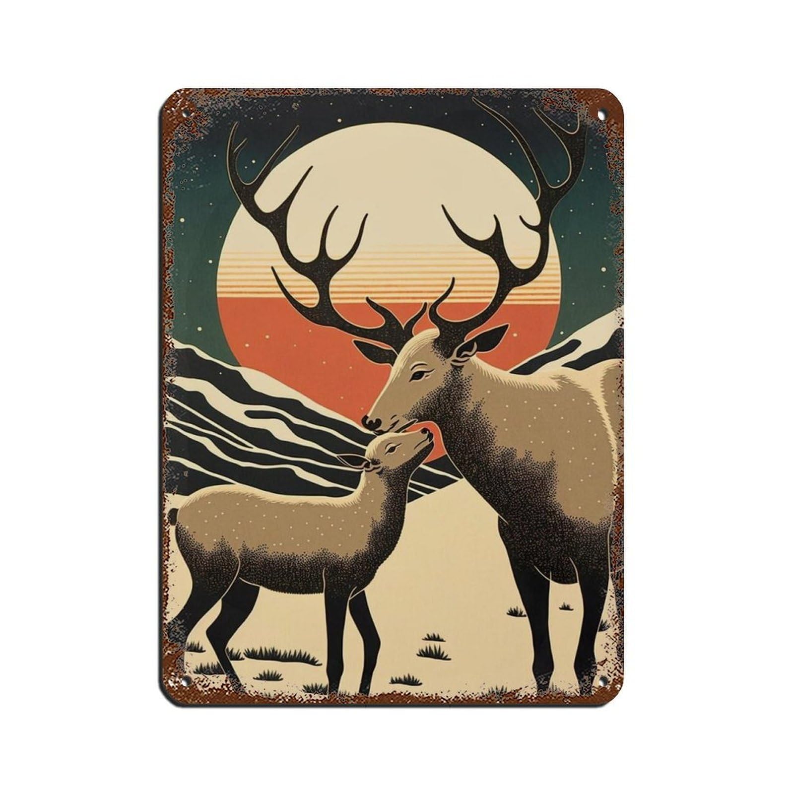 Lxwnze 30L X 40W Cm Mama Reindeer And Baby Reindeer, Tin Sign Vintage Metal Pub Club Cafe Bar Home Wall Art Decoration Poster Retro 12X16inch(30X40cm)