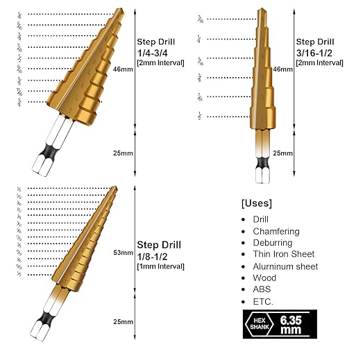 Miniatura 5 de HSS - Juego de brocas escalonadas, 3 piezas de vástago hexagonal de 1/4 de pulgada, recubiertas de titanio, brocas de acero de alta velocidad,
