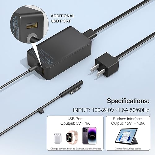 Miniatura 4 de Cargador de portátil Surface Pro de 65 W para Microsoft Surface Pro 9, 8, 7+, 7, 6, 5, 4, 3, X, Surface Laptop 5 Studio i5 Go 3 2, Surface Go 4 3 2