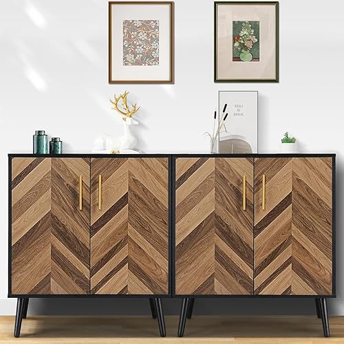 Juego de 2 armarios decorativos de almacenamiento con puertas y estantes, armario de buffet moderno de mediados de siglo con almacenamiento,