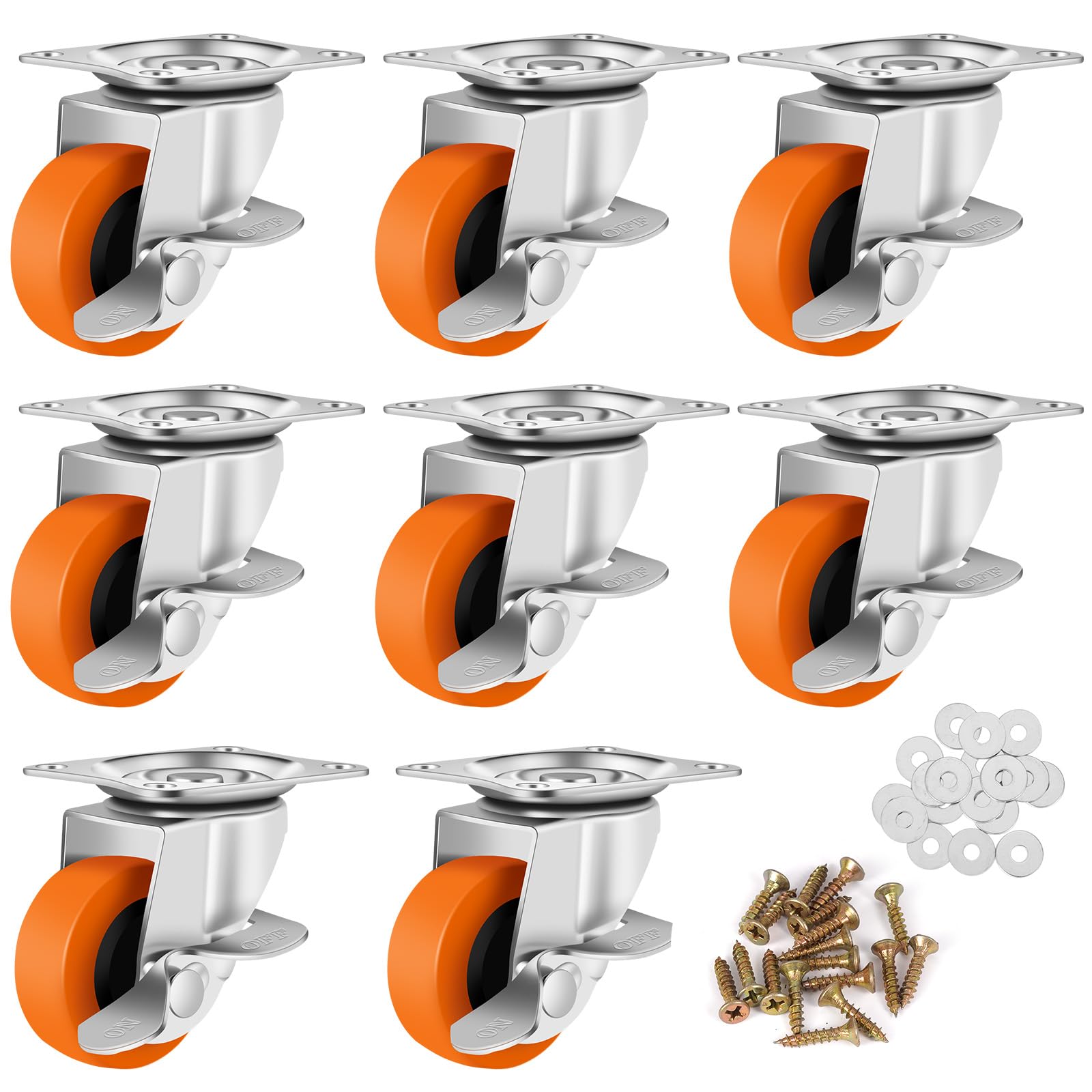 BOSGEOT Caster Wheels, 2.5 Inch Casters Set of 8, Heavy Duty Casters with Brake, Locking Castors with Polyurethane Wheel，Small Plate Swivel Caster