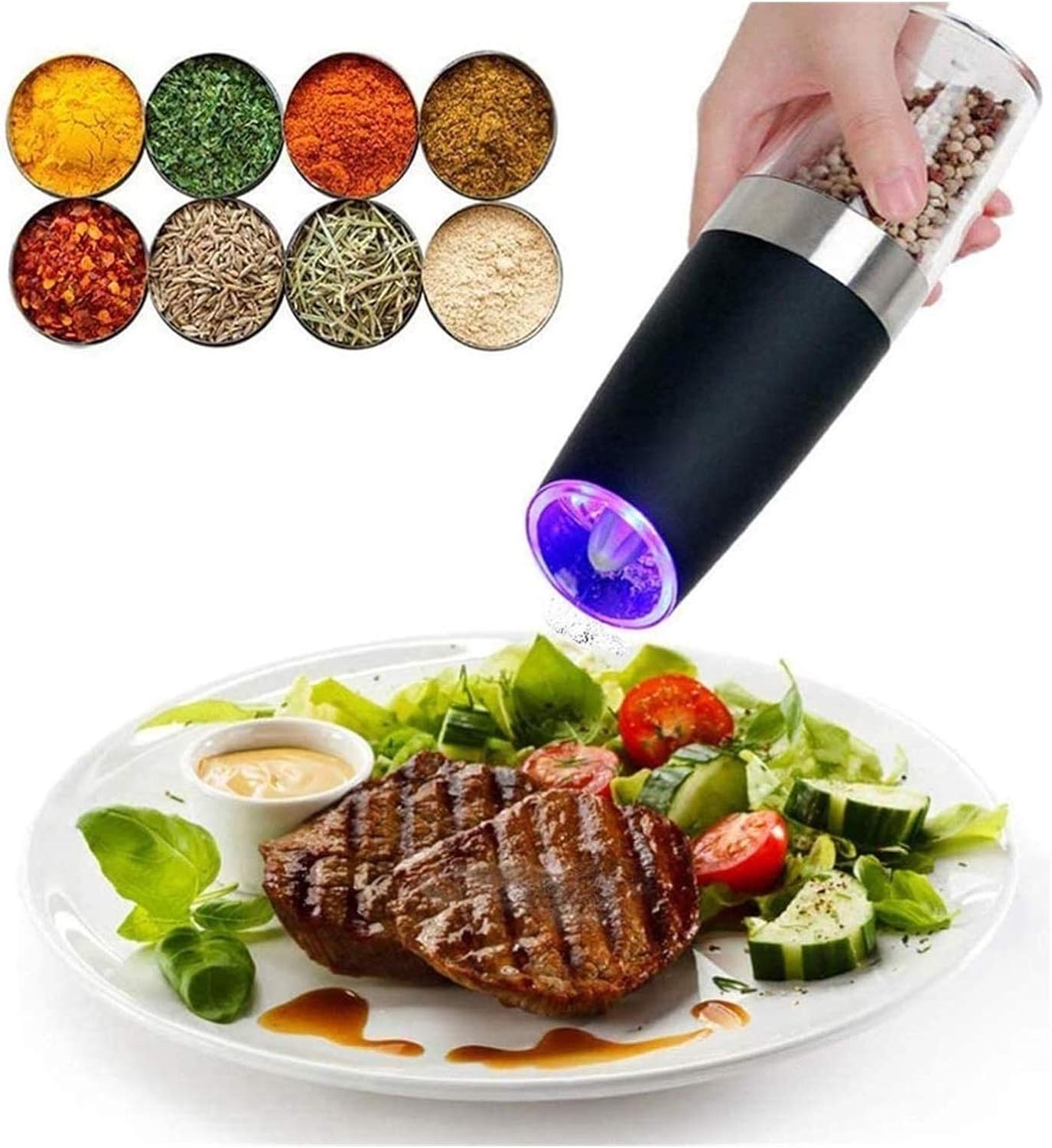 Salt and Pepper Grinder Set 2Pcs Electric Pepper and Salt Mill Refillable Automatic Battery Operated Mill Kit with LED Light