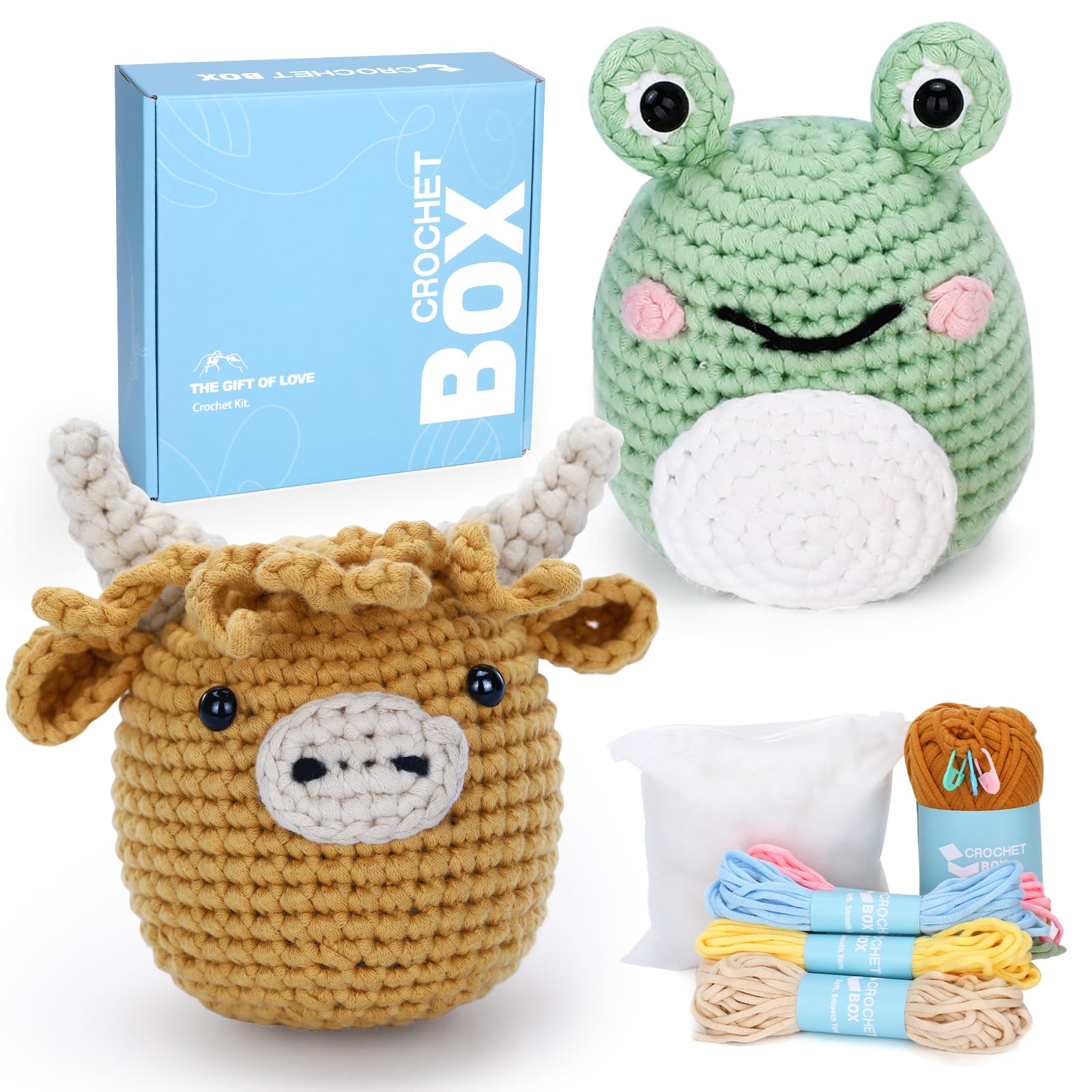 CrochetBox Highland Cow and Frog Crochet Kit for Beginners, 2 PCS Set