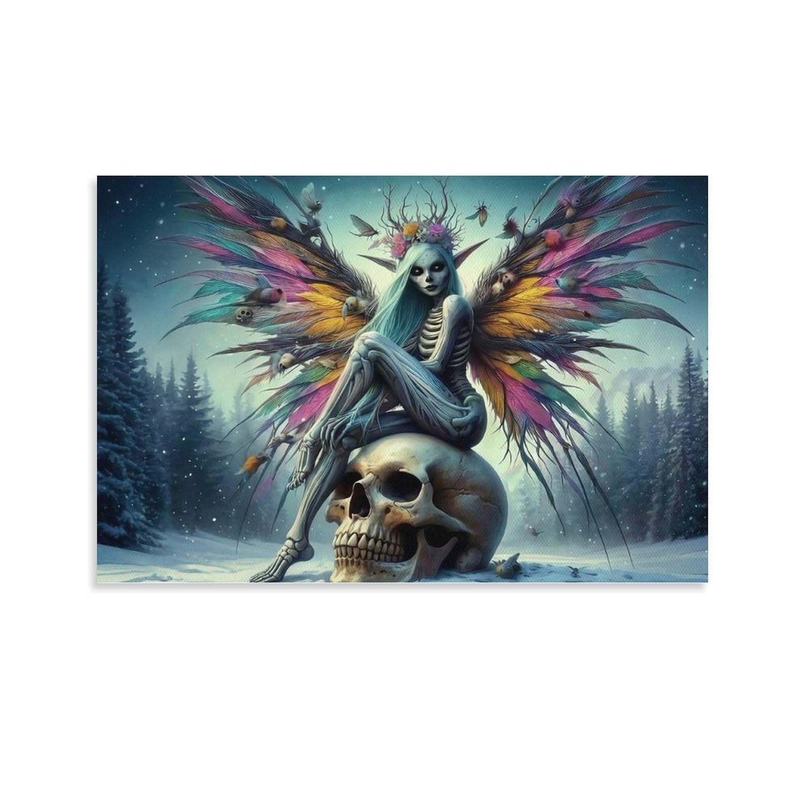 CPLVKWRQJ Skeleton Fairy Wings Individual Skeleton Fairy Big Skull Snowy Pine Woods Canvas Wall Decor - Nursery Wall Hanging Space Saving Removable Ready to Hang 24x36inch(60x90cm)