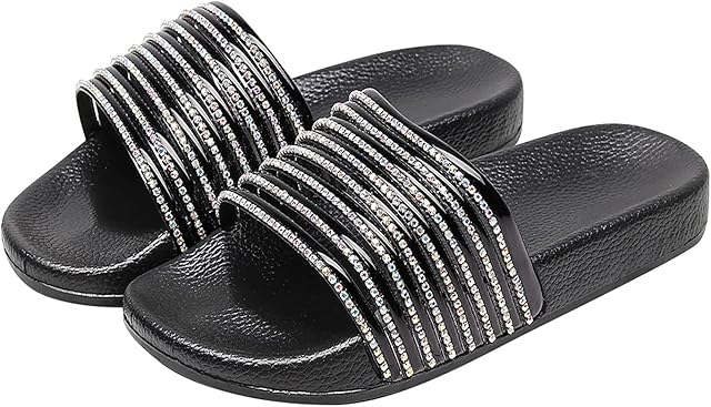 CHUWAN Women Rhinestone Decor Slip-On Jelly Sandals, Orthopaedic Open Toe Sandals, Minimalist Open Toe Flat Slide Sandals