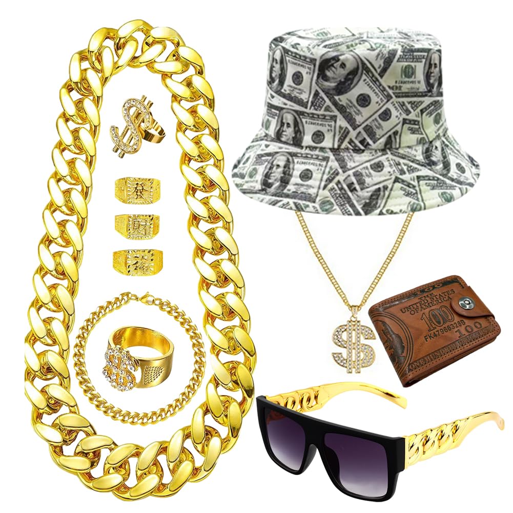80s 90s Hip Hop Costume Kit Cool Rapper Bucket Hat Accessories Outfit Sunglasses Dollar Sign Gold Chain Unisex