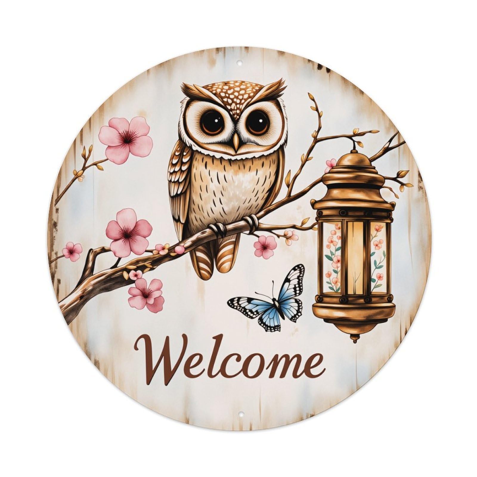 Owl Perched On Branch With Lantern And Flowers Round Vintage Tin Sign,Retro Wall Art,Metal Poster for Home, Bar, Garage, Cafe, Rustic Indoor & Outdoor Decor, 8x8 Inches
