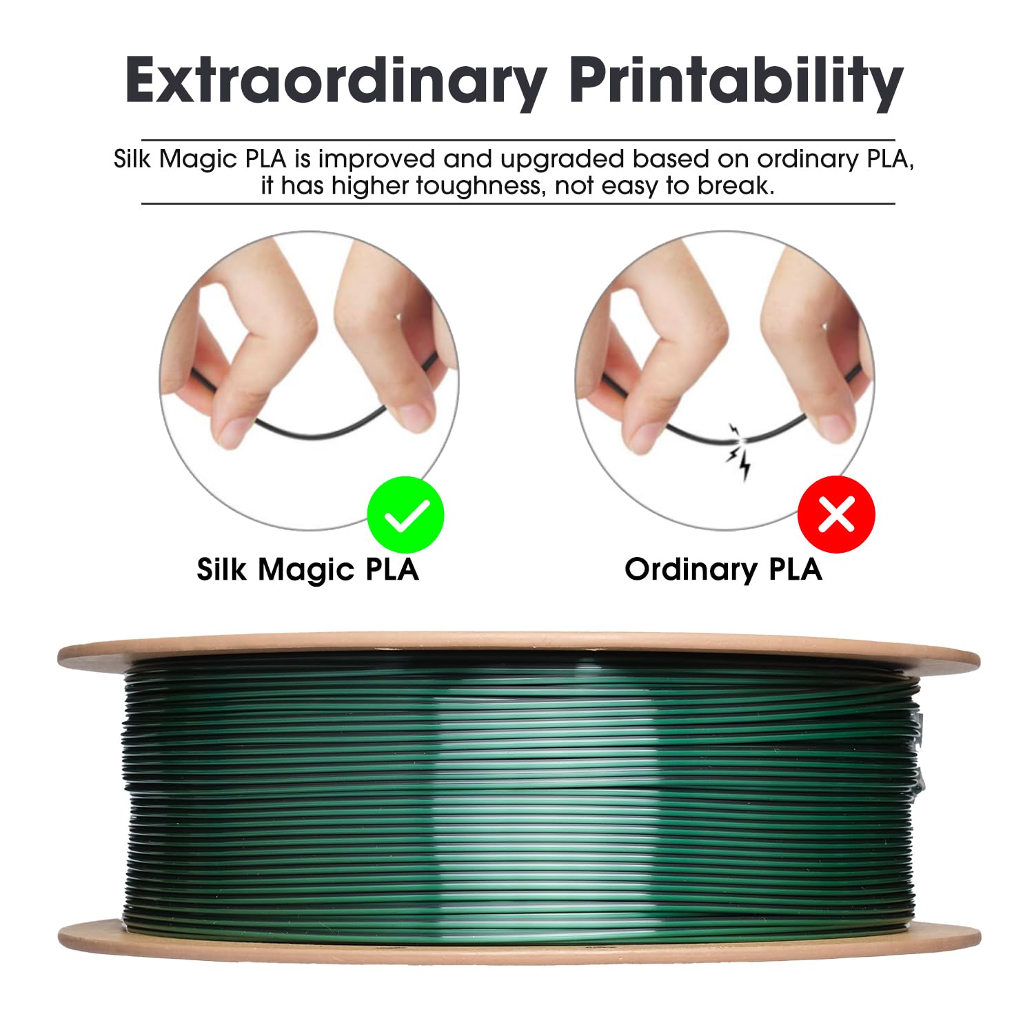 eSUN Silk Filamento PLA a doppio colore da 1,75 mm, filamento per stampa 3D in coestrusione Silk Magic PLA, colore sfumato che cambia bobina da 1 kg (2,2 libbre) (Silk Nero Verde, 1KG)