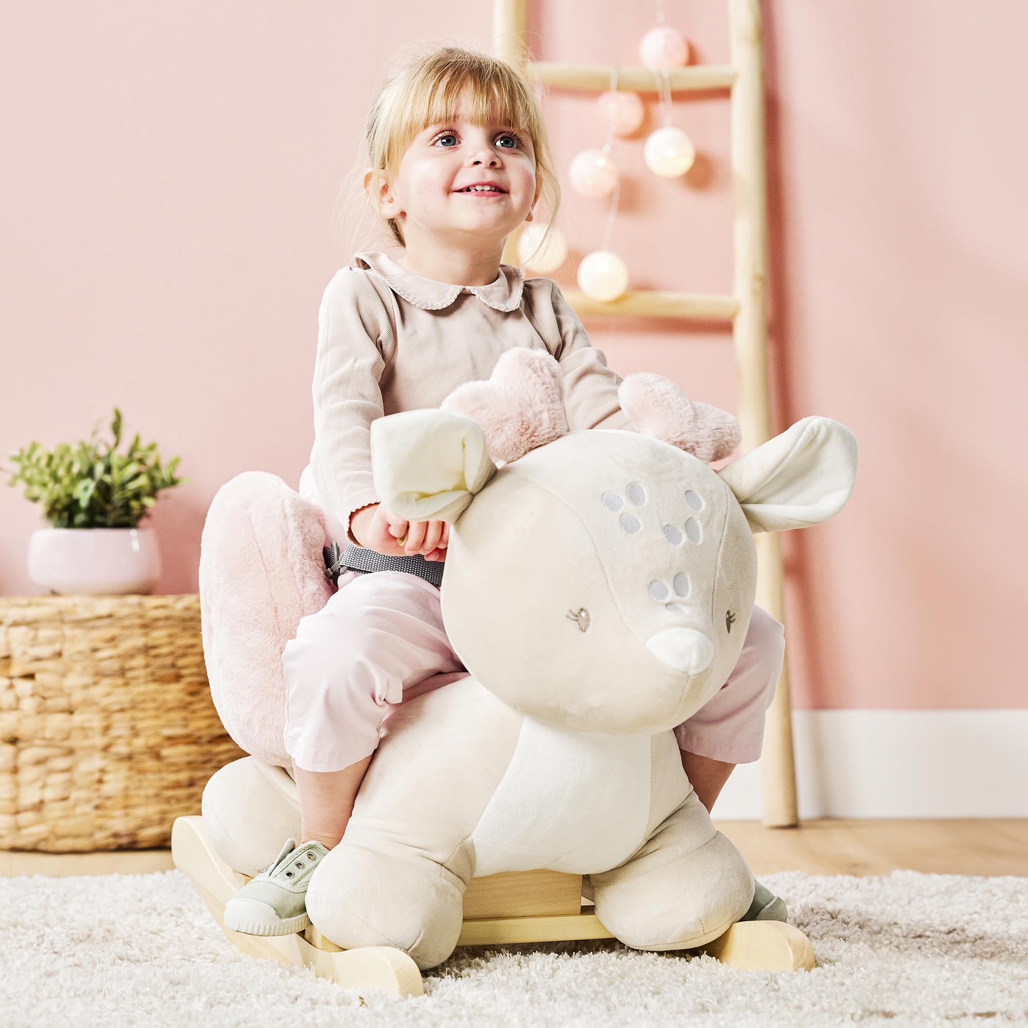 Nattou Animale a Dondolo, Cerbiatto, Cintura di Sicurezza Inclusa, Allegro Dondolio Avanti e Indietro, 100% Poliestere, FanFan, Beige