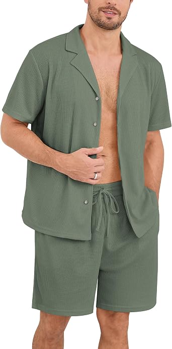 Mens Pajama Set Waffle Knit Lounge Pjs Set Long Sleeve Top and Pants Sleepwear 2 Piece Button Down Loungewear