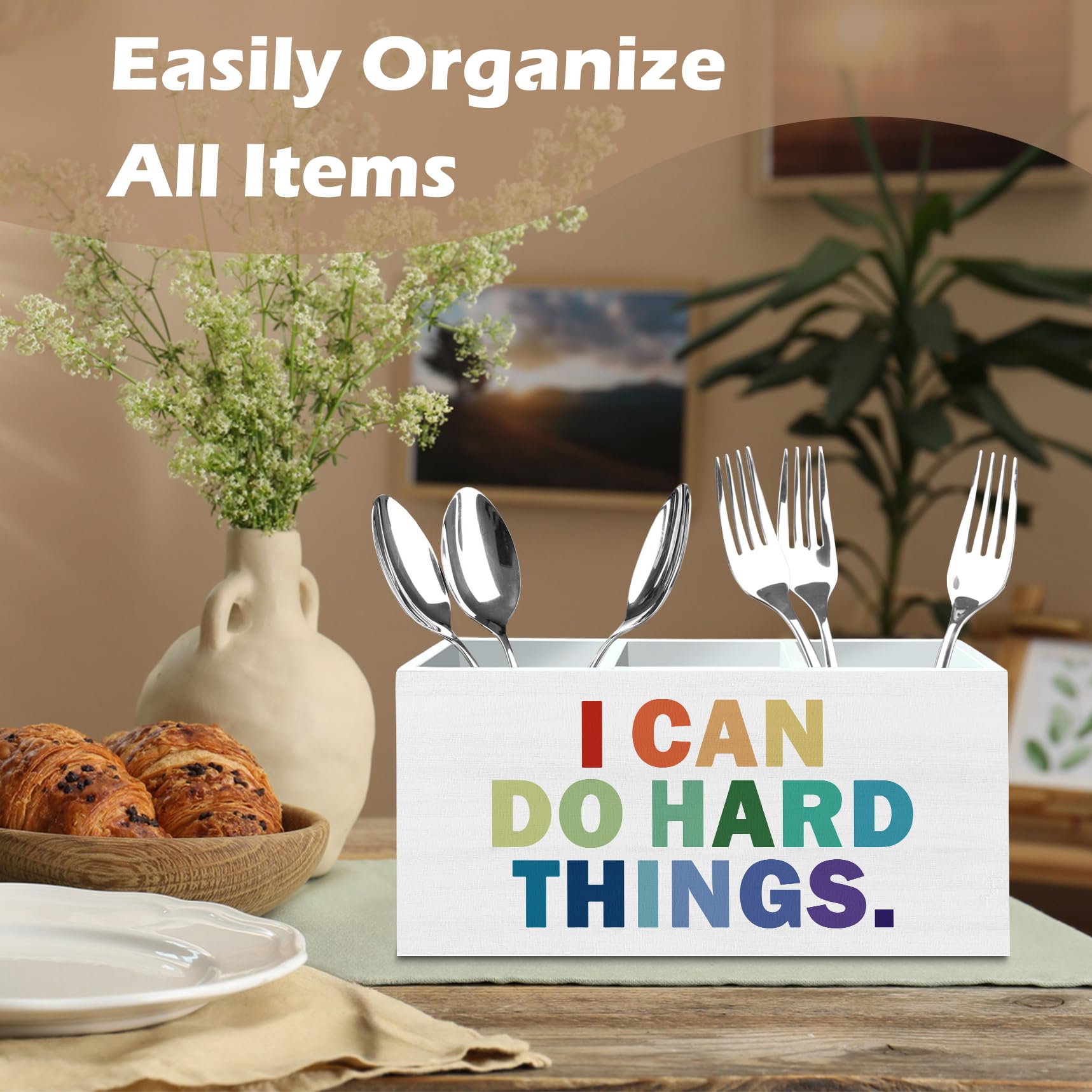 DILSJ Inspirierender Boho-Stiftehalter für den Schreibtisch, Boho-Klassenzimmer-Dekor, inspirierende Geschenke, "I Can Do Hard Things", motivierende Holzbox-Schilder für Zuhause, Büro, Schreibtisch