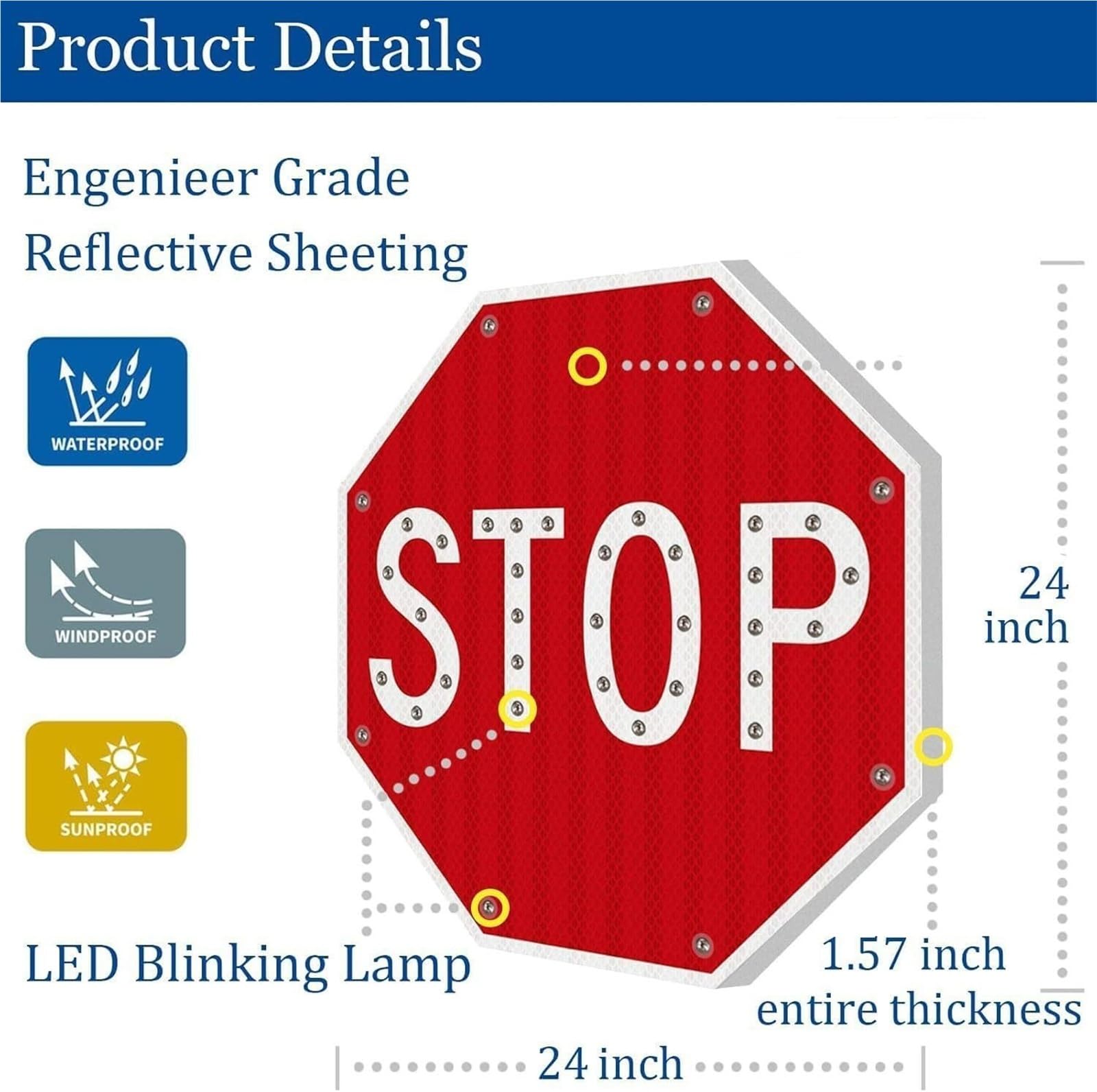 24-calowy znak ostrzegawczy LED z migającym światłem STOP, aluminiowy, ośmiokątny, o jakości inżynieryjnej, z odblaskowymi diodami LED(Flashing)