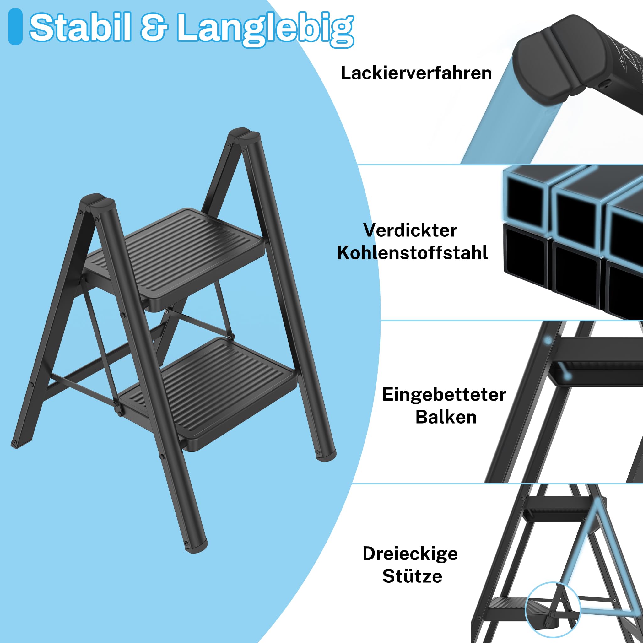 Froadp Escalera plegable de 2 peldaños, antideslizante, de hierro, multifuncional, para casa, cocina y exterior, soporta hasta 250 kg