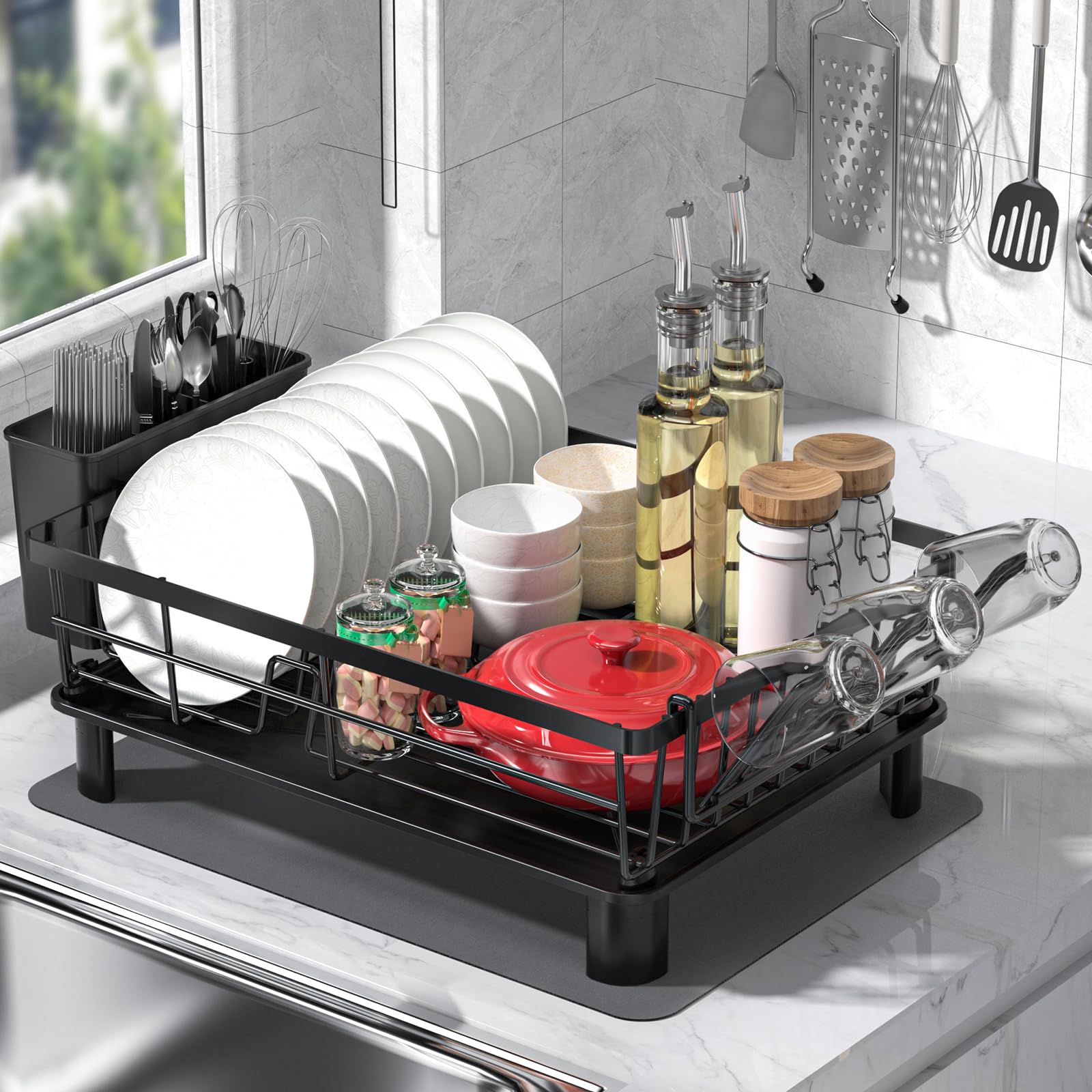 FRASTWD Kitchen Dish Rack with Mat Space-Saving Small Dish Drainer,Simple Human Expandable Over The Sink Dish Drying Rack,Rustproof Drying Rack Dishes with Utensil Holder,15