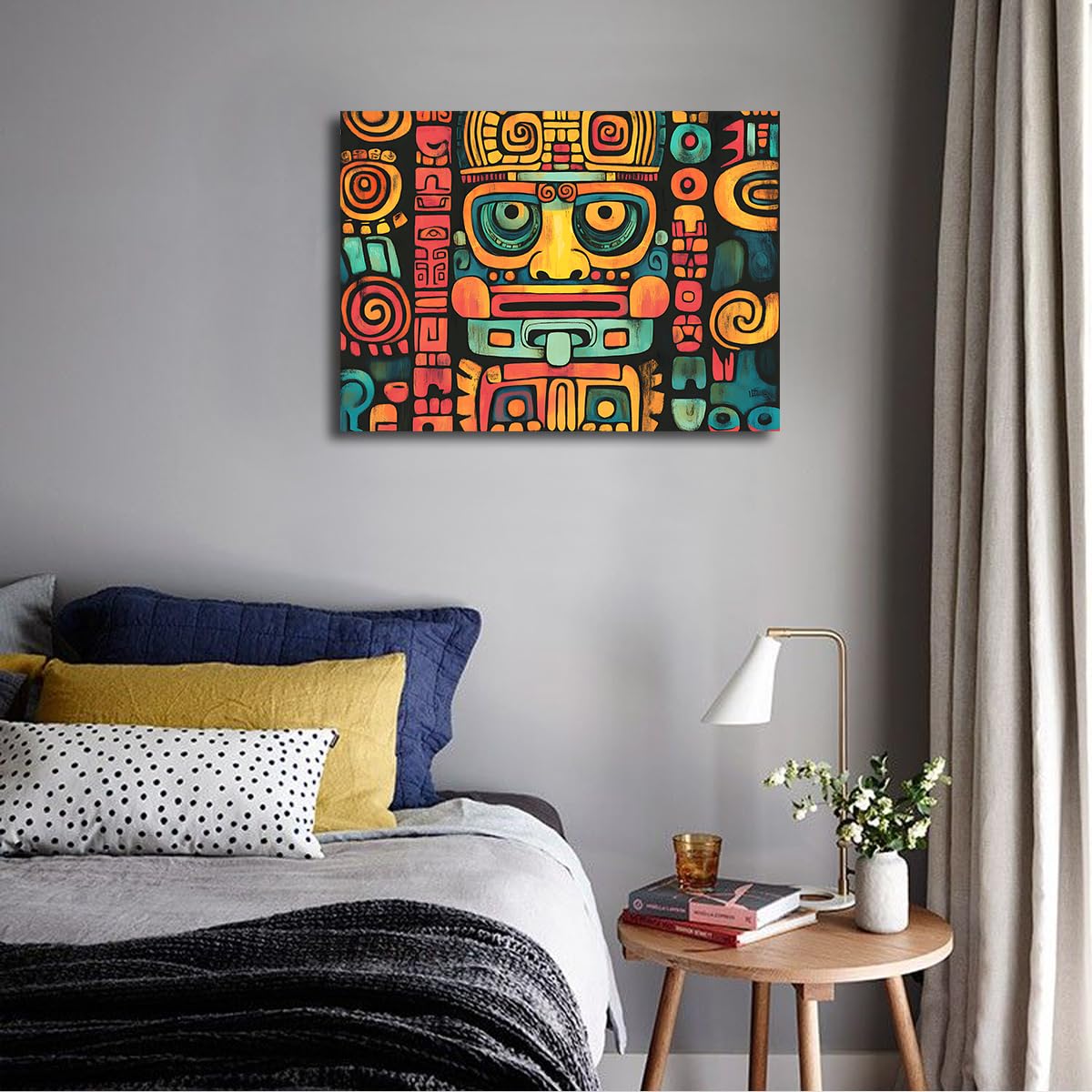 Via Vela Art aztèque en toile encadrée murale visage Ombre abstraite Affiche symbolique contemporaine ethnique Murale pour décoration d’appartement de bureau 45x60cm
