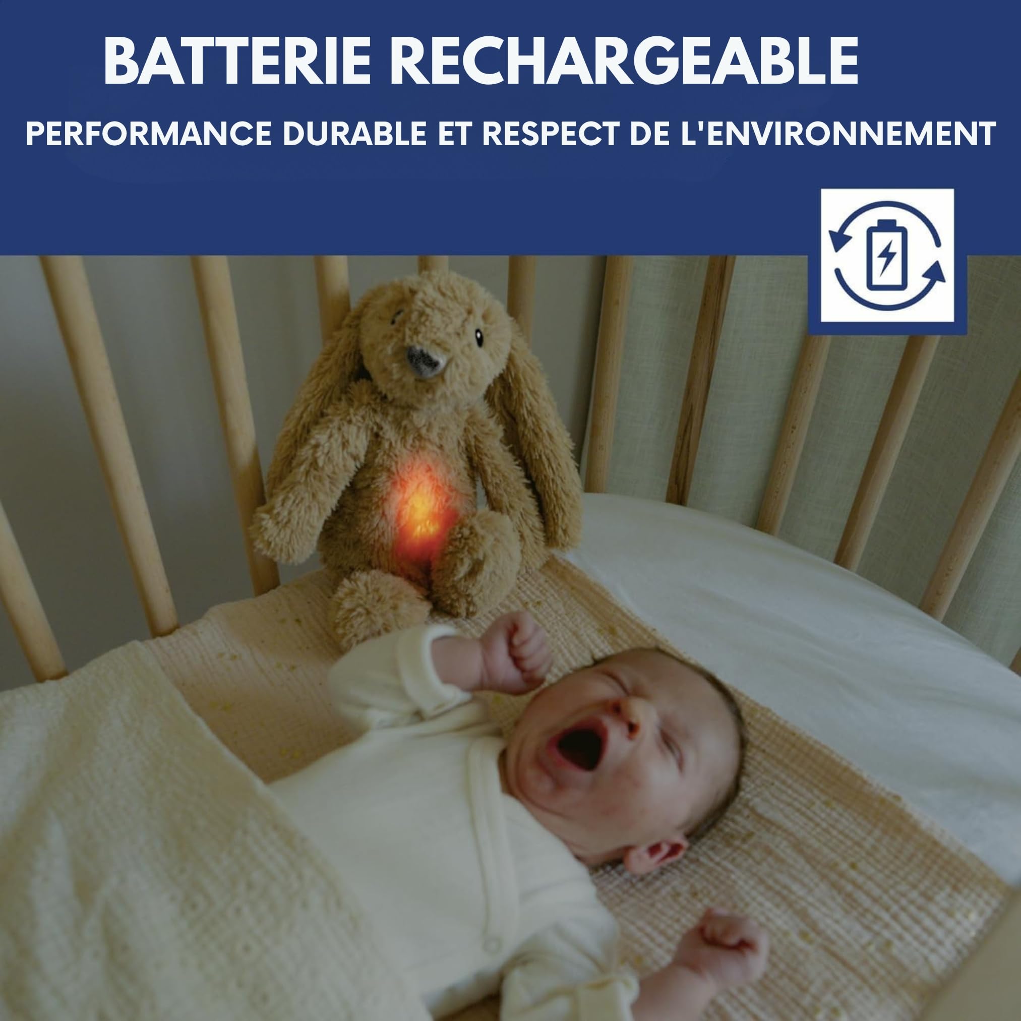 ZAZU Ro le Lapin Aide au Sommeil pour Bébé avec Batterie Rechargeable Veilleuse Multicolore Sons Apaisants Capteur de Pleurs Arrêt Automatique Charge USB-C