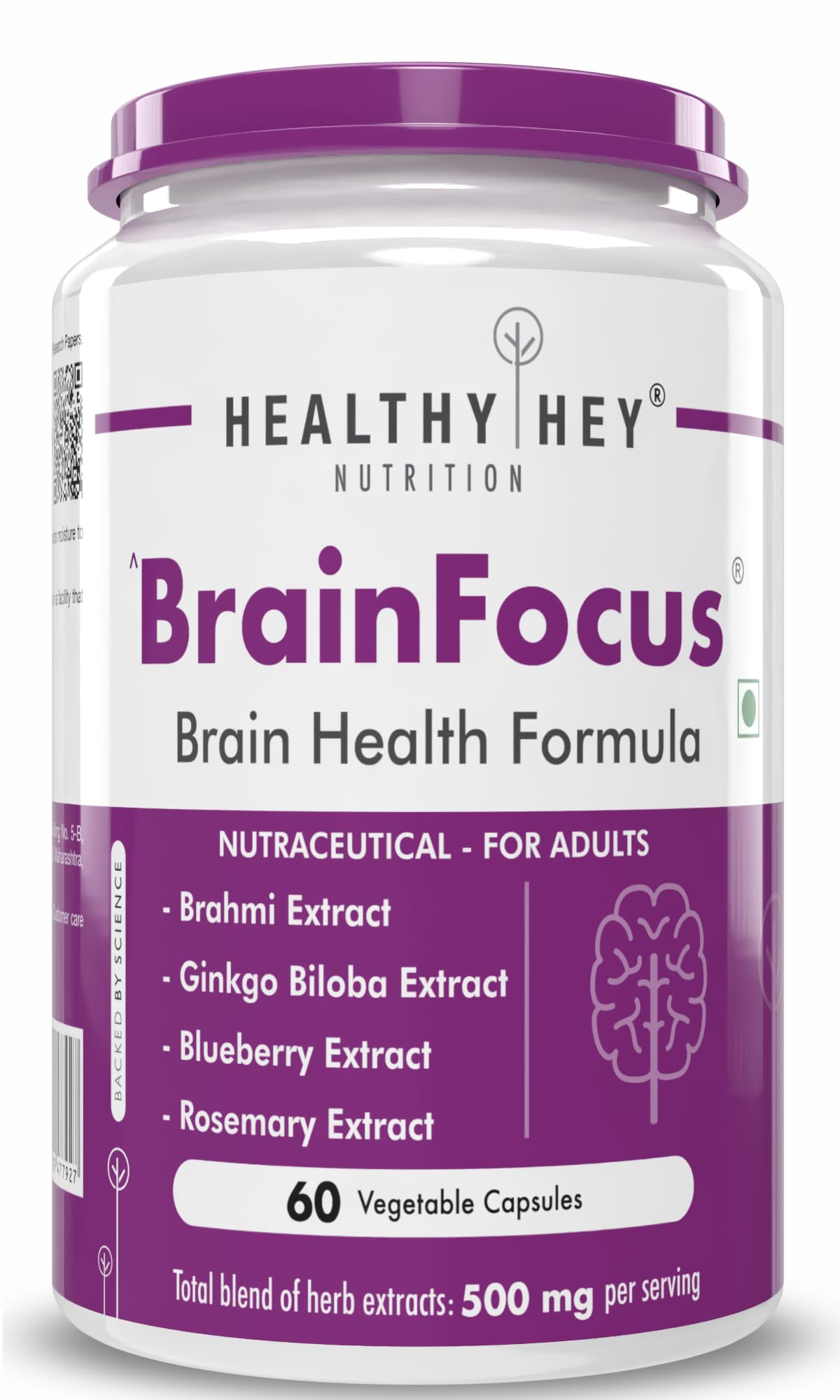 Healthyhey Nutrition BrainFocus - Natural Brain Health Formula for Memory & Focus - 60 Veg Capsules